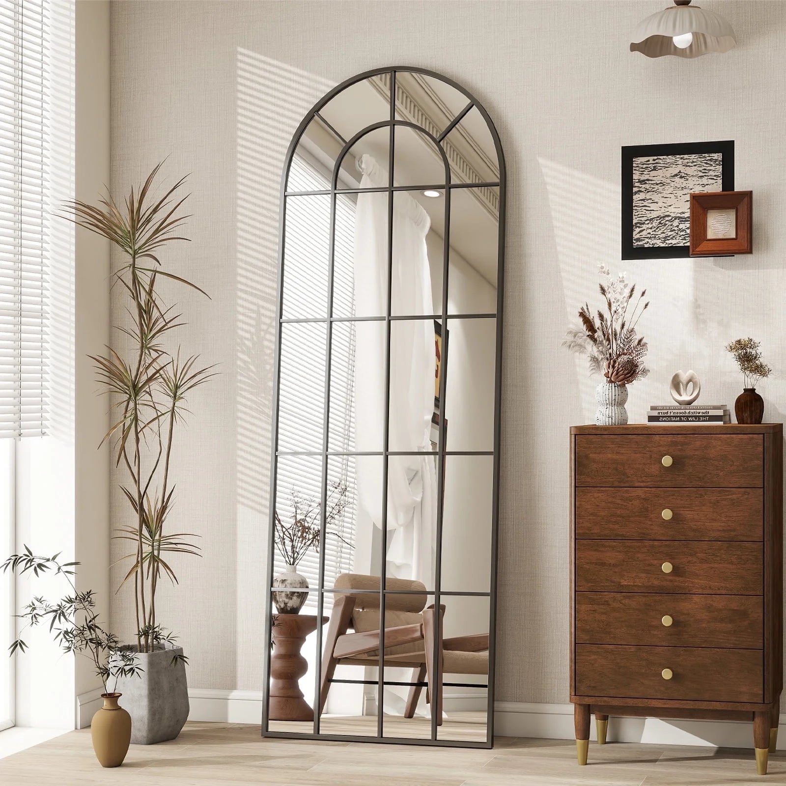 Stunning 65"x23" Arched Black Windowpane Full-Length Wall Mirror for Elegant Decor