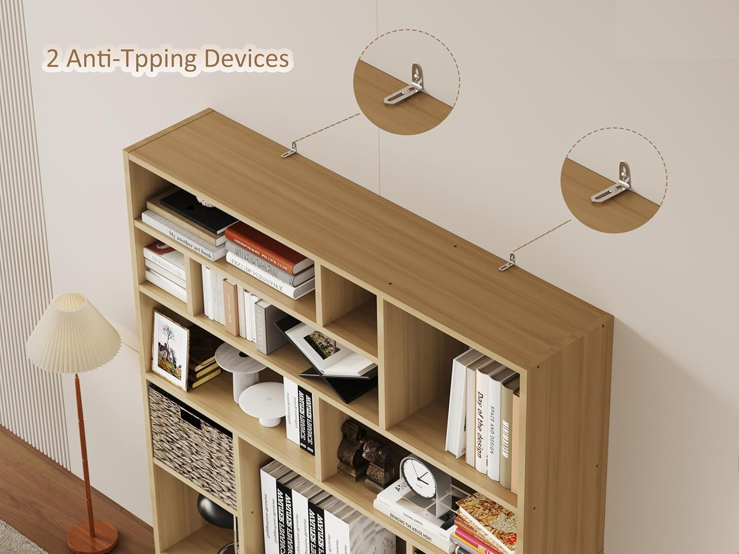 Stylish 71" Wooden Bookcase with 6-Tier Heavy Duty Shelving & Foldable Baskets - Versatile Storage Solution for Living Room & Bedroom in Yuzu Oak Finish