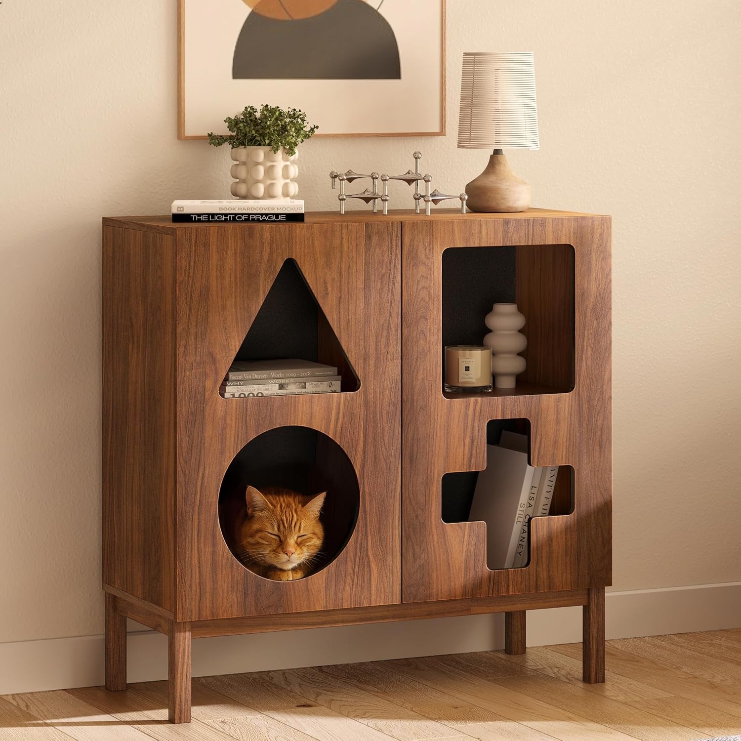 Elevate Your Space: 37'' Modern Walnut Display Cabinet with Geometric Cut-Out Doors - Perfect for Collectibles in Dining Room, Living Room, or Entryway