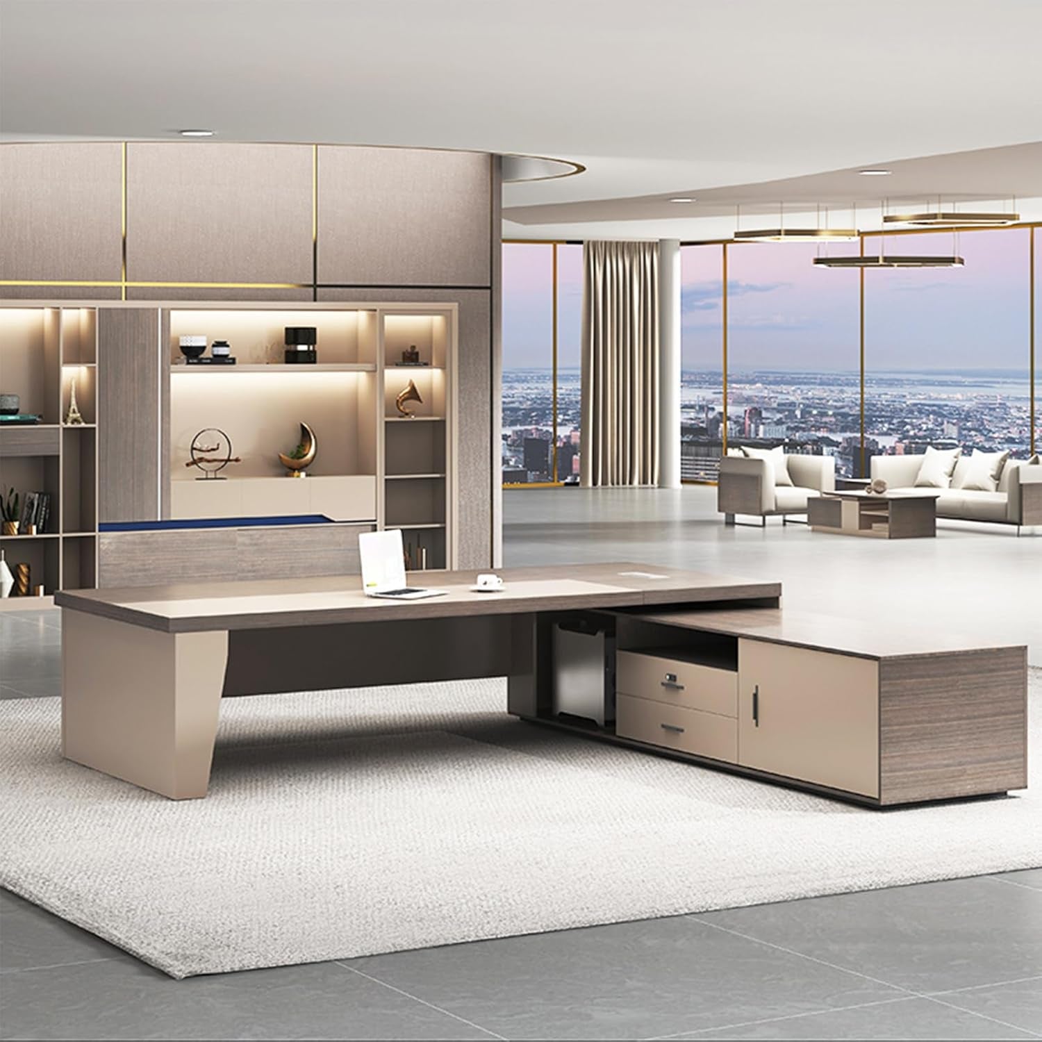 Sleek 94-Inch Modern L-Shaped Executive Office Desk with Lateral Cabinet and Light Strip - Perfect Workstation for Office, Study, and Gaming