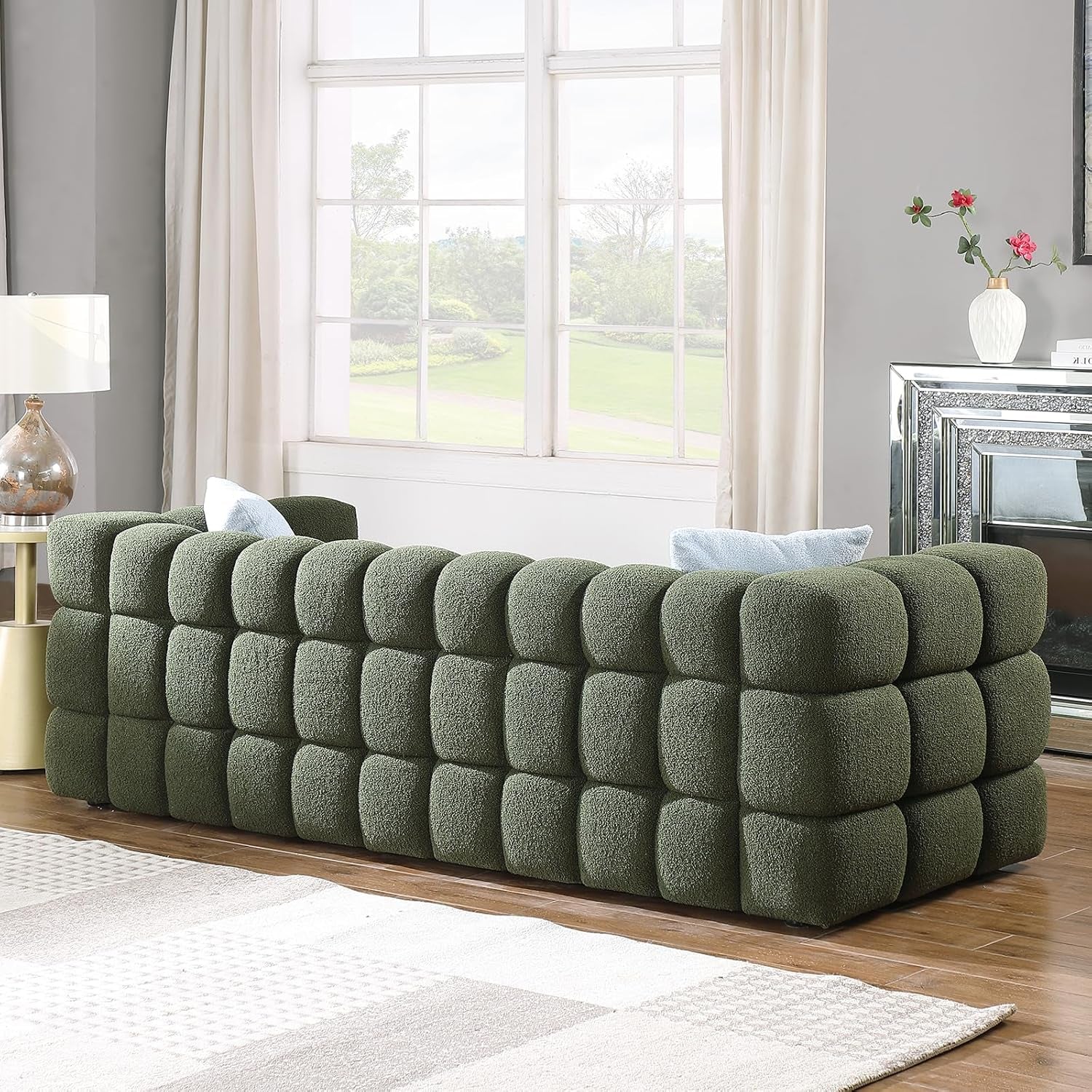 Luxurious 86" Mid Century Modern Cloud Couch - Plush 3 Seater with Solid Wood Frame & 2 Decorative Throw Pillows - Perfect for Your Living Room!