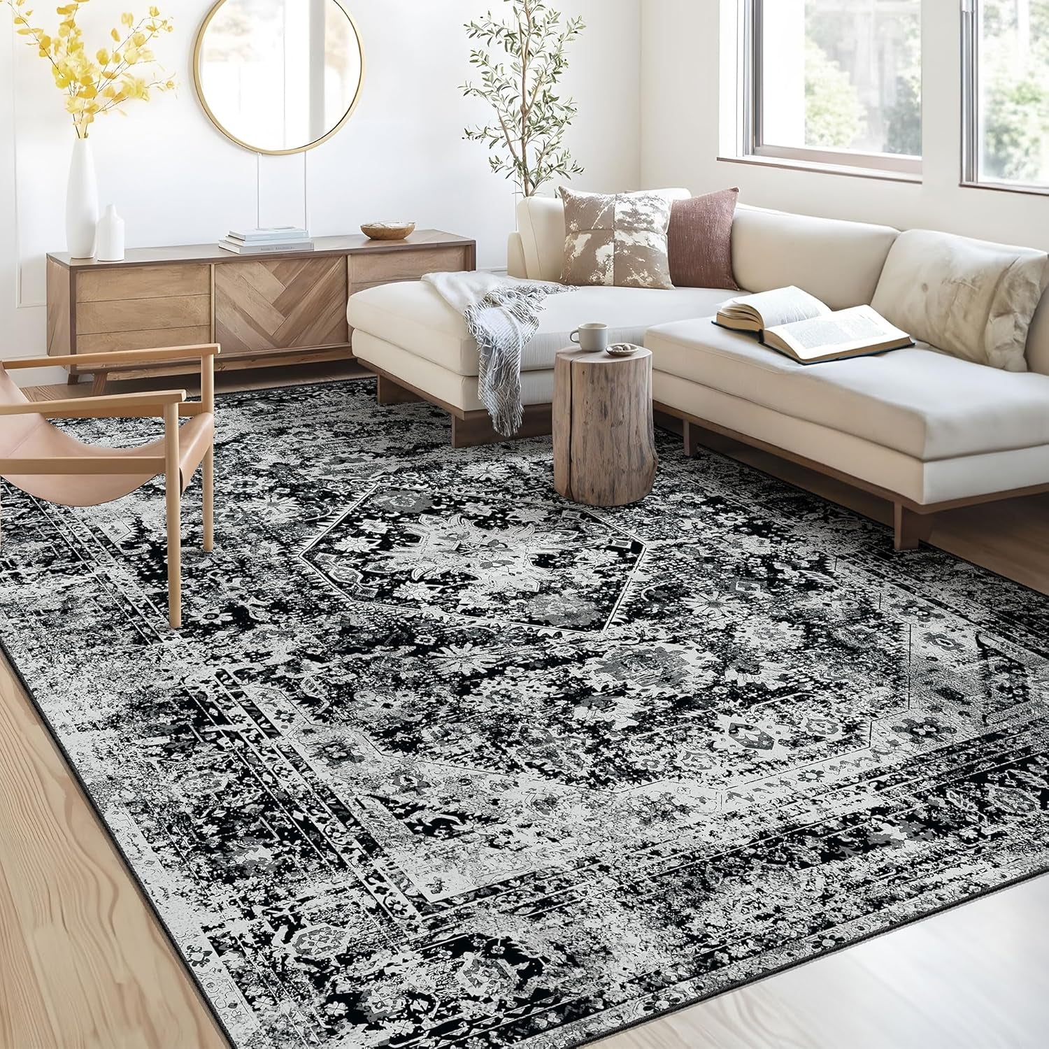 Luxurious Black Floral Washable 8x10 Area Rug - Non-Slip Boho Throw for Living Room, Bedroom, and Dining Room - Soft Indoor Home Decor