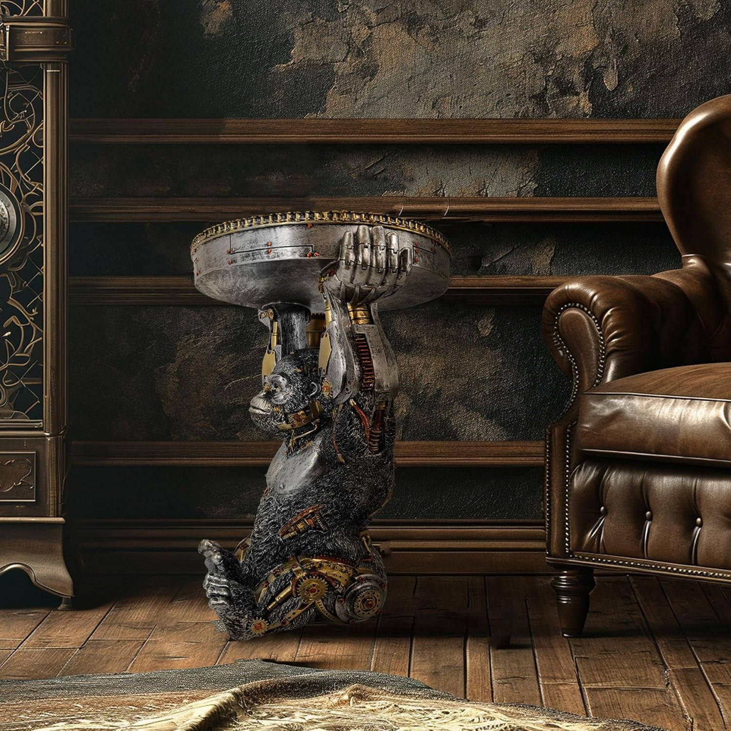 Steampunk Gorilla Side Table: Hand-Painted Resin Cyborg Monkey Sculpture with Gear Accents for Home and Man Cave Decor - Silver Finish