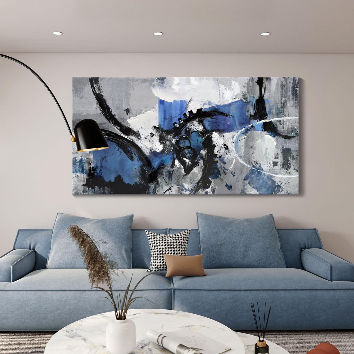 Large Abstract Canvas Wall Art for Living Room, Bedroom, and Office Decor - Framed Modern Blue and Black Artwork