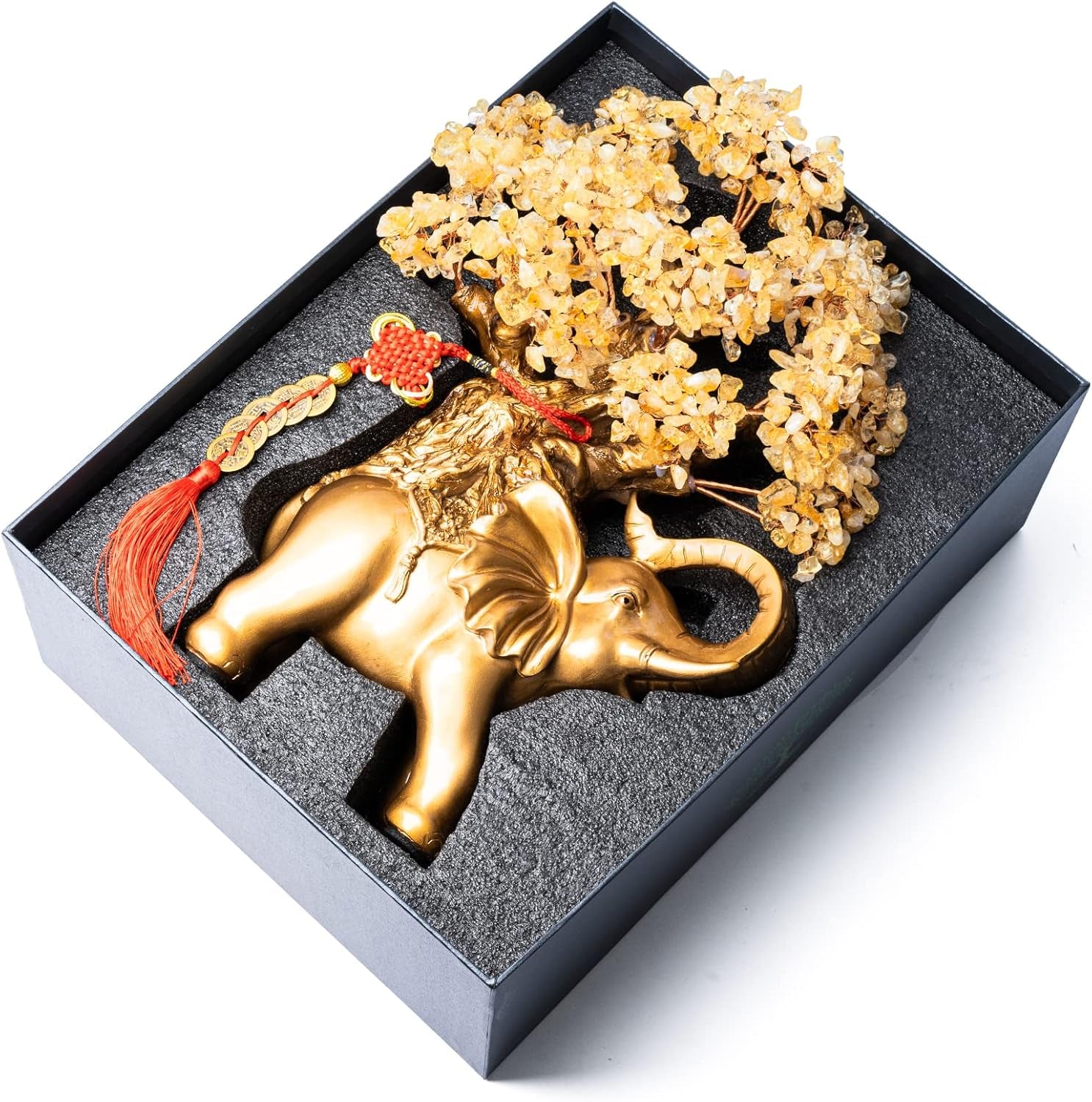 Citrine Crystal Money Tree on Gold Elephant Statue - 17" Large Gemstone Bonsai Tree of Life for Wealth and Positive Energy, Ideal Feng Shui Home Décor Gift