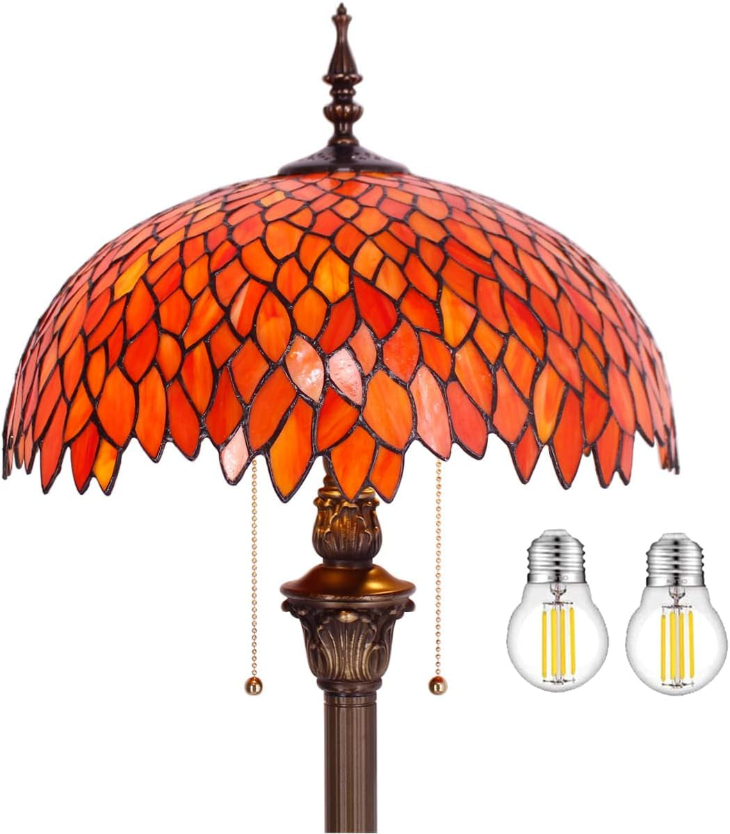 Elegant Tiffany Floor Lamp with Red Orange Wisteria Stained Glass - Antique Style Standing Light for Bedroom, Living Room, and Home Office - 64 Inches Tall
