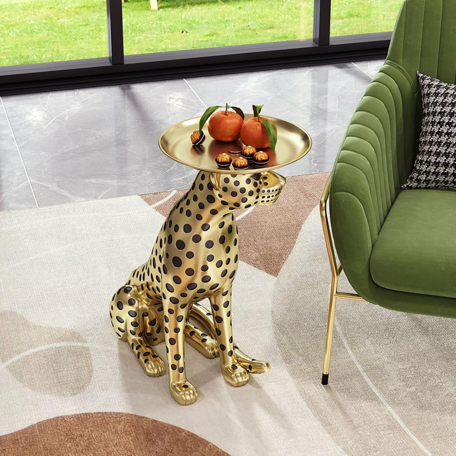 Elegant Animal-Themed Side Table with Tray Top – Gold Leopard Statue Panther Figurine End Table Decor for Home and Gifting
