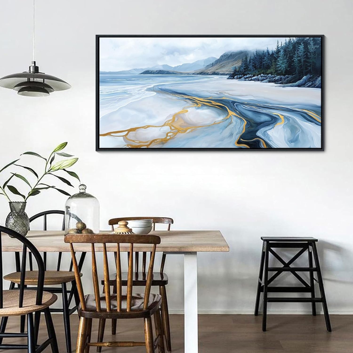 Stunning Blue and Gold Abstract Wall Art - Ocean-Inspired Coastal Decor for Living Room & Bedroom, Framed Landscape Artwork 24×48 IN