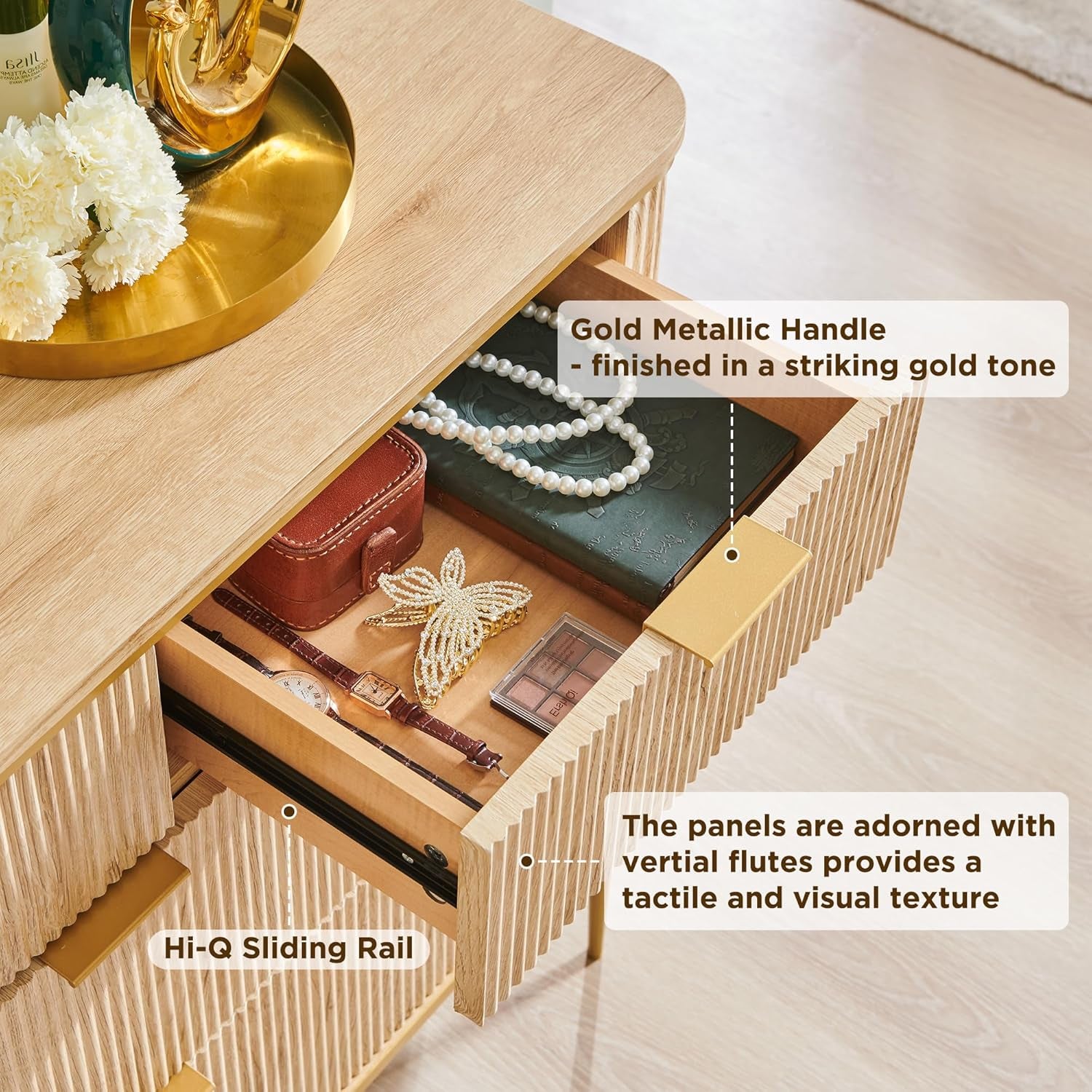 Elegant 7-Drawer Dresser with Fluted Design and Gold Accents in Natural Oak