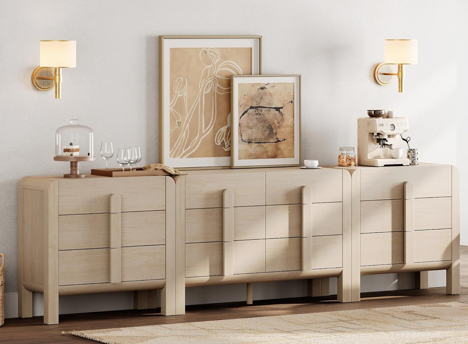 Elegant 3-Piece Mid Century Modern Bedroom Dresser Set - 110.2" Wide Chest of Drawers with Curved Handles, 12 Drawer Organizer, Light Oak Finish