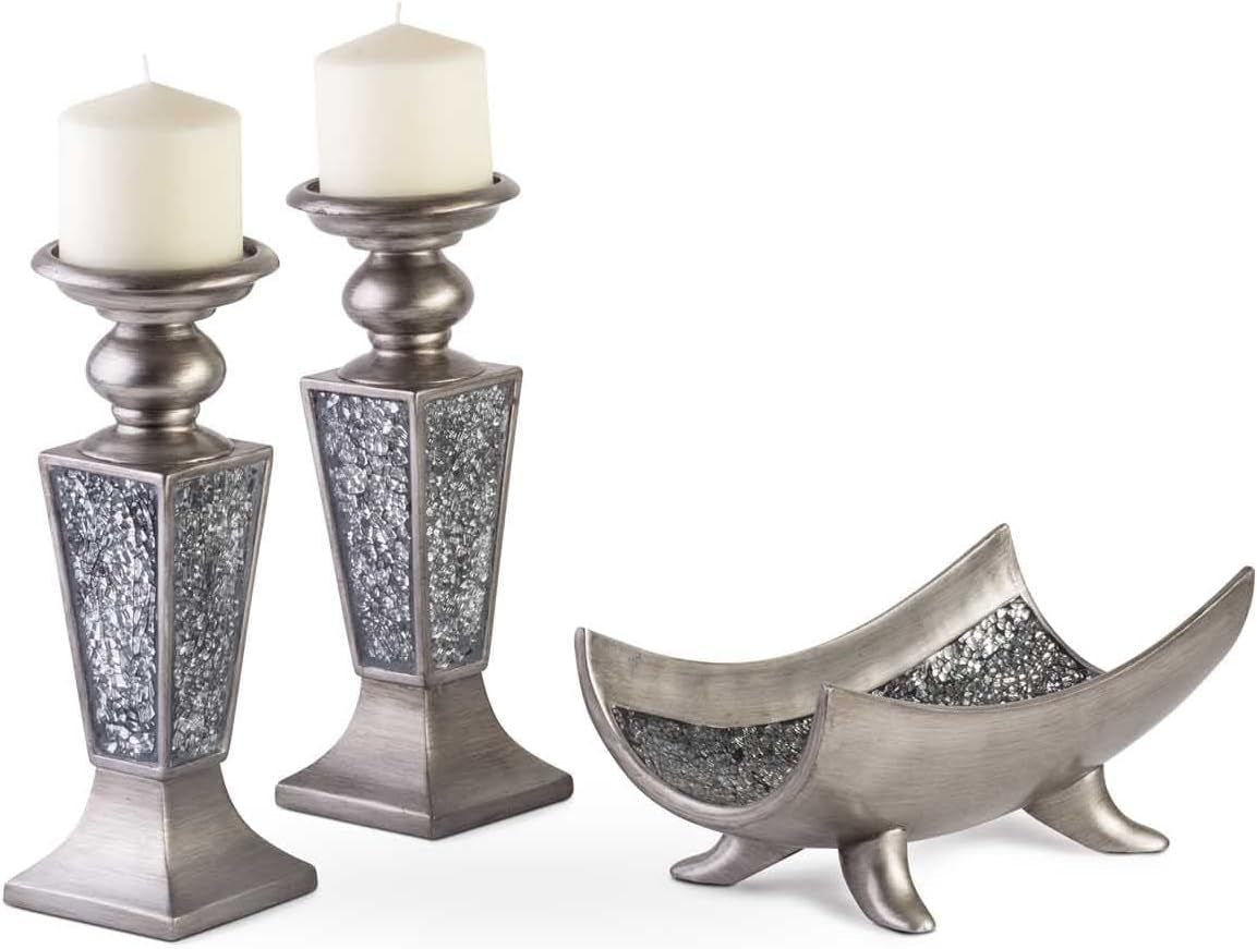Schonwerk Silver Decorative Centerpiece Bowl with Three Matching Orbs - Elegant Coffee Table Décor with Resin Spheres for Living and Dining Rooms