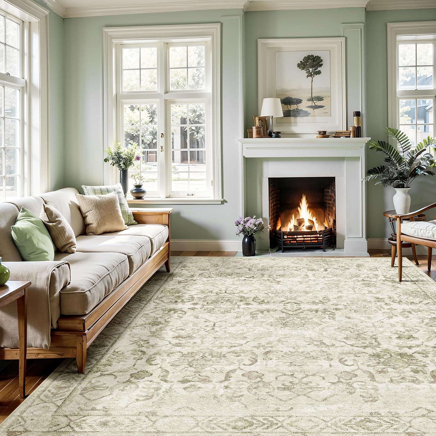 Sage Green Extra Large 10x14 Area Rug - Distressed Floral Print, Washable & Anti-Slip Soft Accent Rug for Living Room, Dining Room, Bedroom, and Farmhouse Decor
