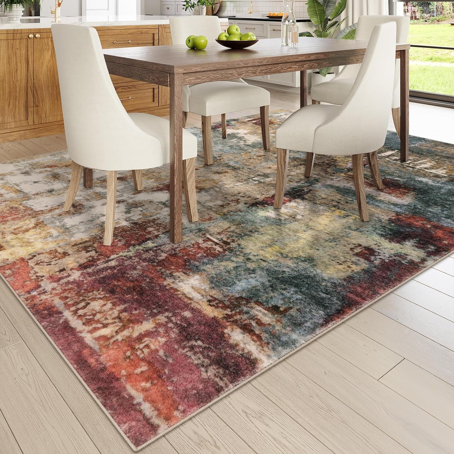Contemporary Abstract 10x14 Area Rug for Living Room - Large Washable Low Pile Non-Slip Soft Accent Carpet for Bedroom and Dining Room Décor in Red/Multi