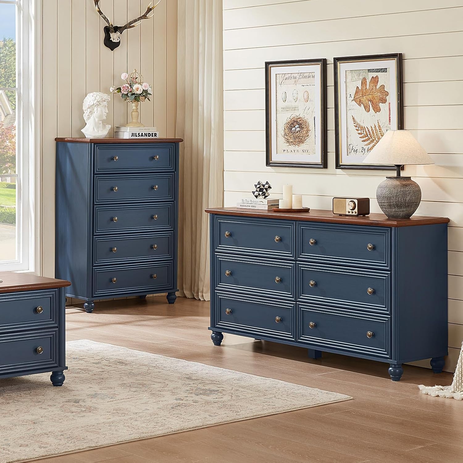 Elegant Farmhouse Dresser and Nightstand Set - 3-Piece Wooden Bedroom Furniture Suite with Roman Column Design, Perfect for Living Room and Hallway