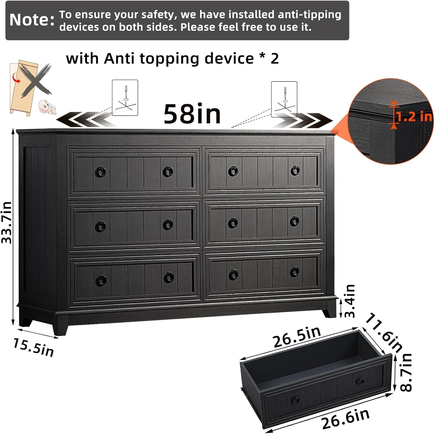 Chic Farmhouse Bedroom & Living Room Furniture Set: 58” Dresser with 6 Drawers & Set of 2 Night Stands with Charging Stations