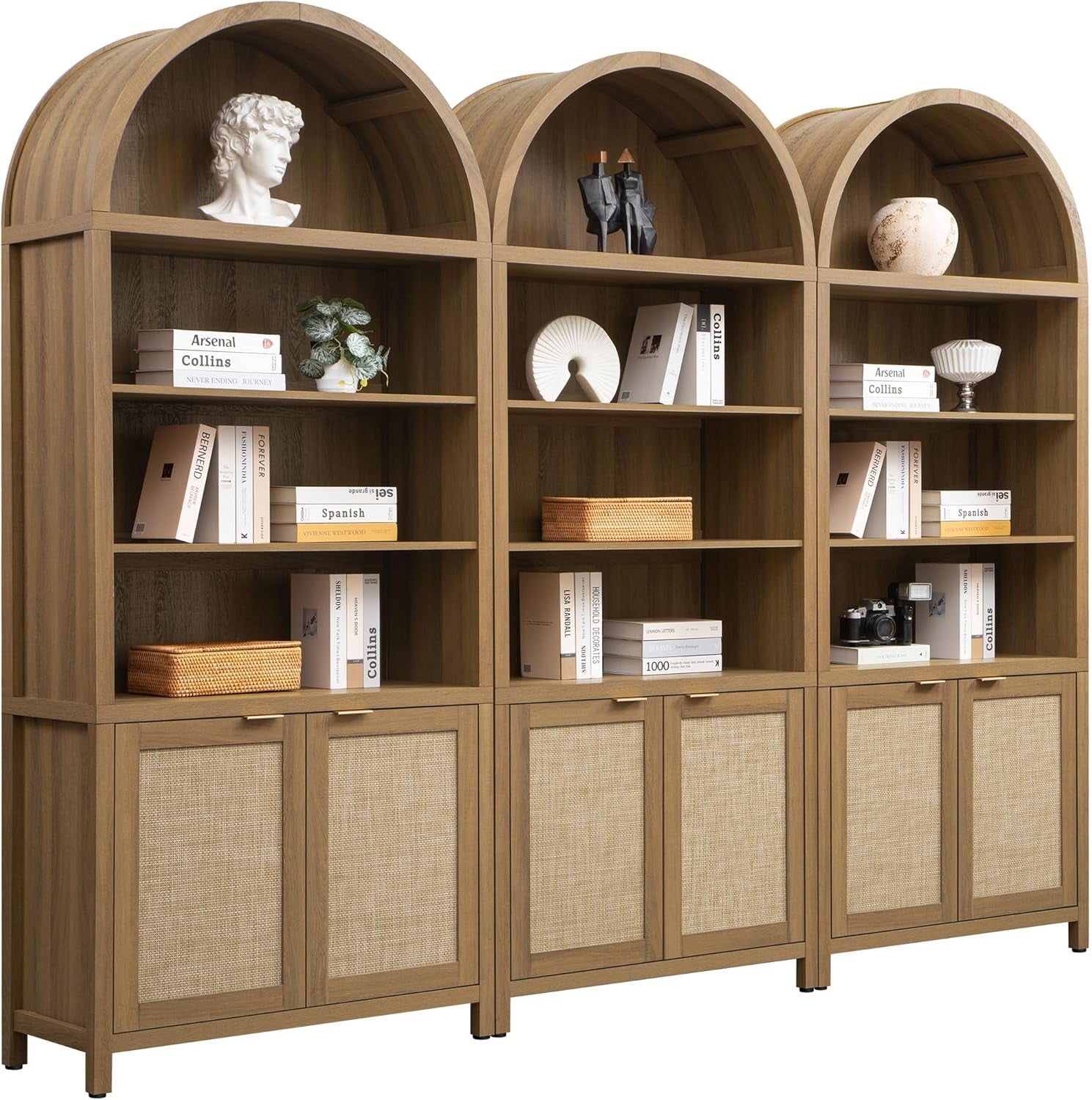 Arched 84.2" Tall 5-Tier Bookshelf Cabinet with Doors - Boho Rattan Wide Bookcase for Living Room, Office & Bedroom Storage