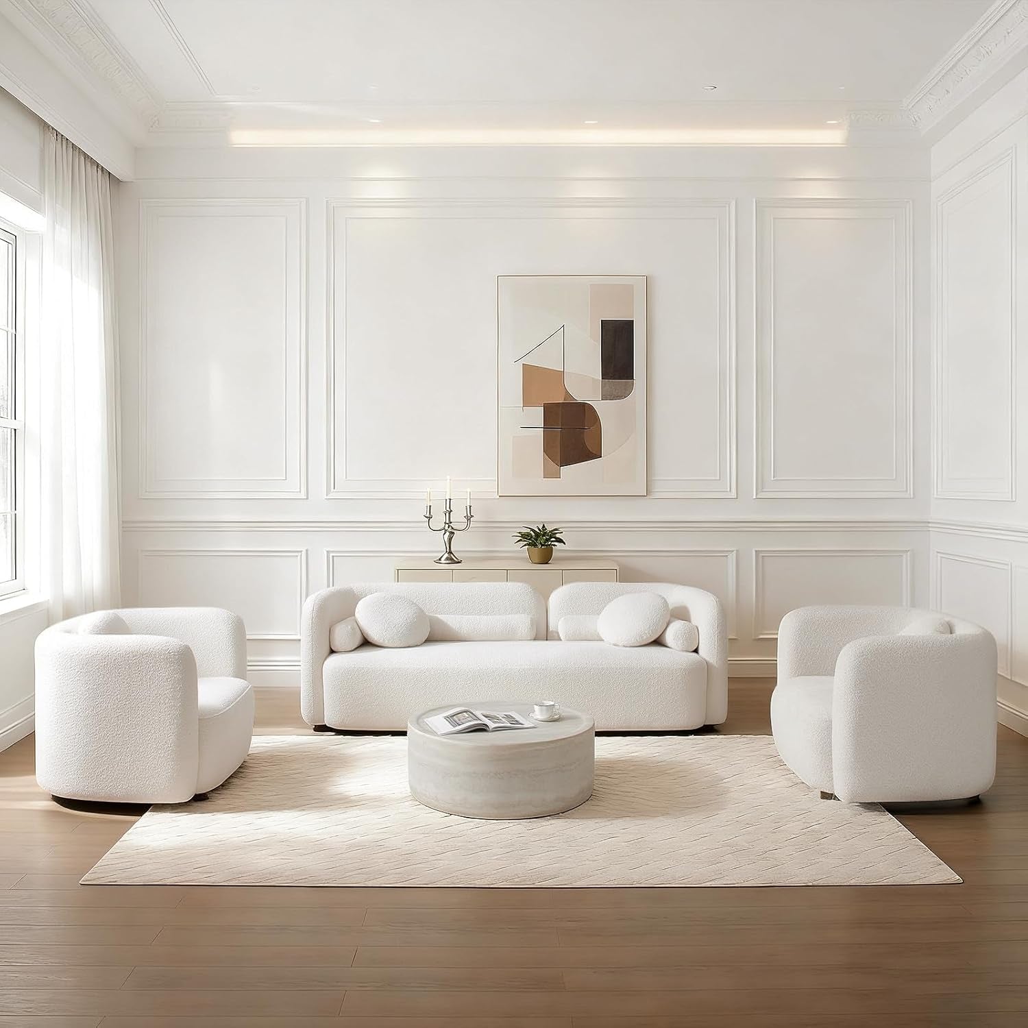 Modern White Curved Back Sofa Set - 3 Seater Couch + 2 Single Chairs with Boucle Fabric and Solid Wood Frame, Includes 6 Pillows