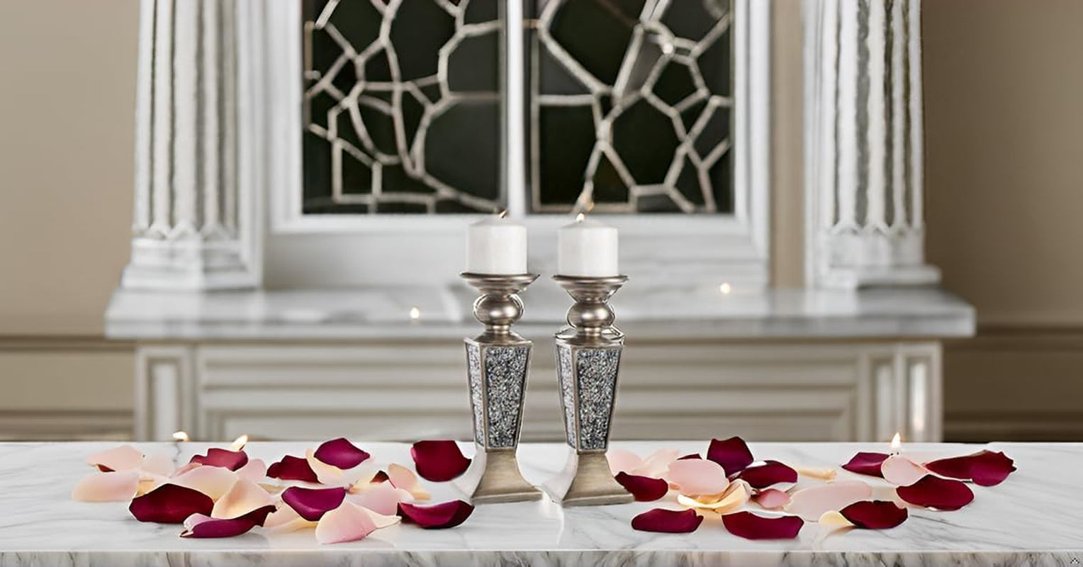 Schonwerk Silver Pillar Candle Holder Set of 2 - Crackled Mosaic Design - Elegant Centerpiece for Living and Dining Rooms - Ideal Coffee Table Decoration and Gift