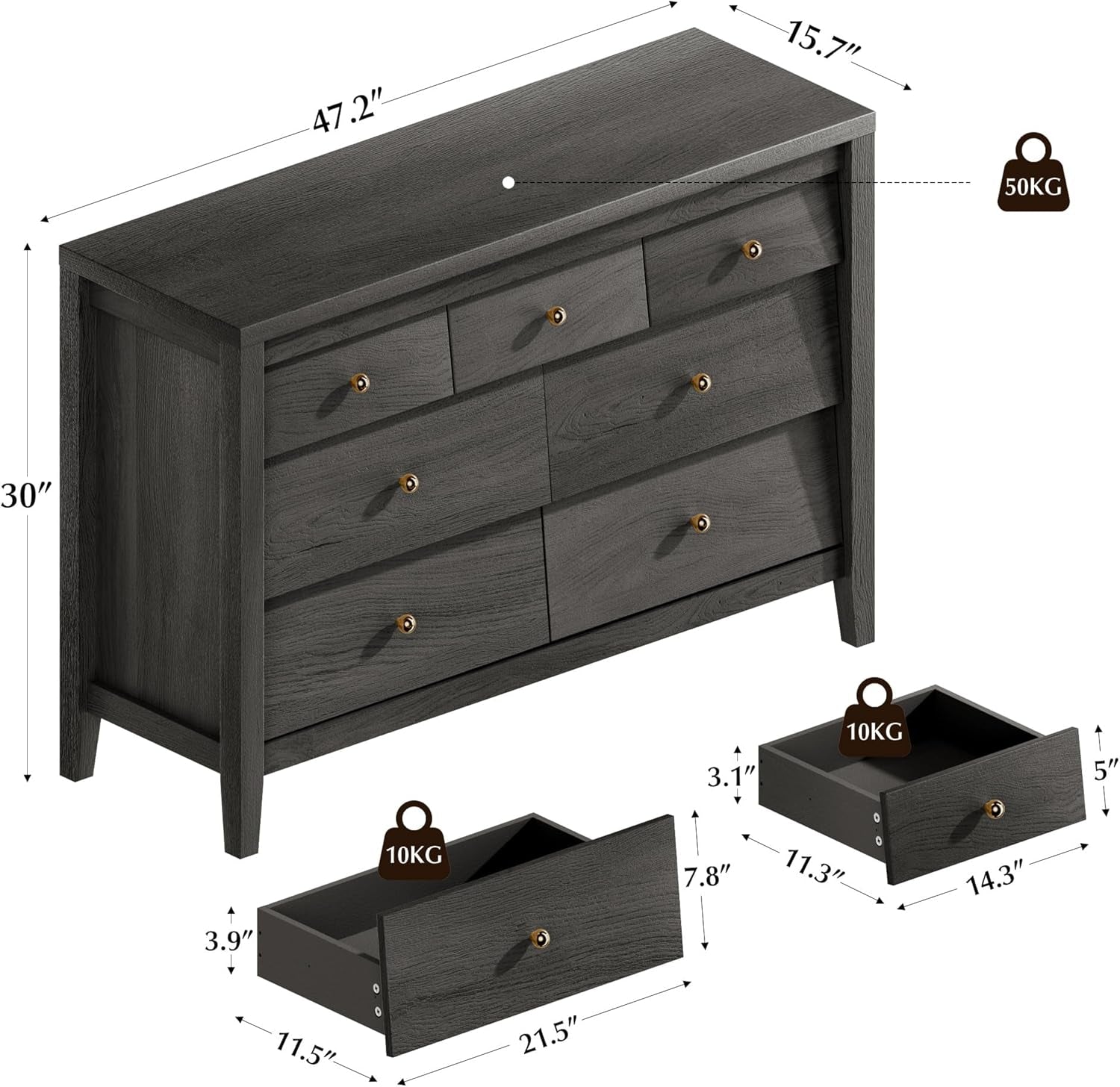 Stylish Black 7-Drawer Farmhouse Dresser - Versatile Storage for Bedroom and Living Room