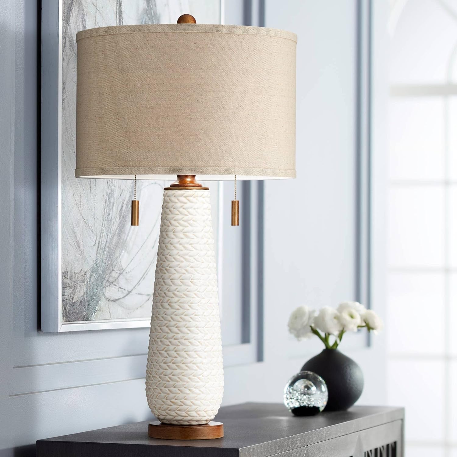 Elegant Kingston Mid Century Modern Table Lamps - Set of 2, 32.75" Tall White Textured Ceramic with Taupe Drum Shade for Bedroom, Living Room, and Home Office Decor