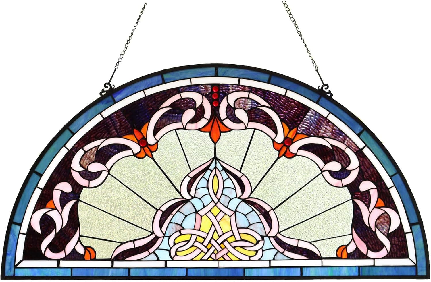 Lady Astor Demi-Lune Half-Round Stained Glass Window Panel for Home Décor, 36" W x 18" H, Tiffany Style, W10035