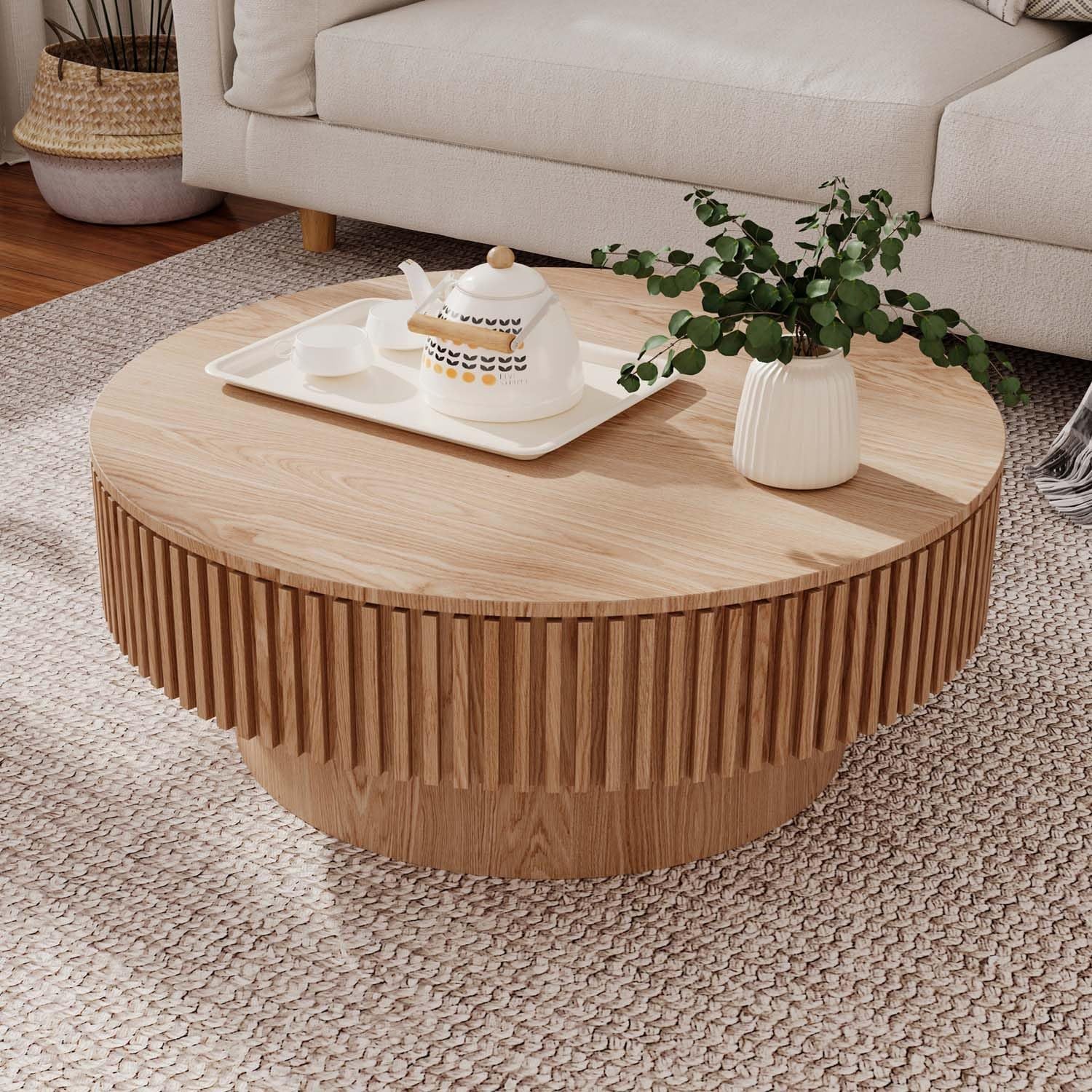 Stylish Round Coffee Table with Storage - Modern Wooden Design for Small Spaces, Perfect Accent for Living Room (31.5''L × 31.5''W × 14''H, Natural Finish)