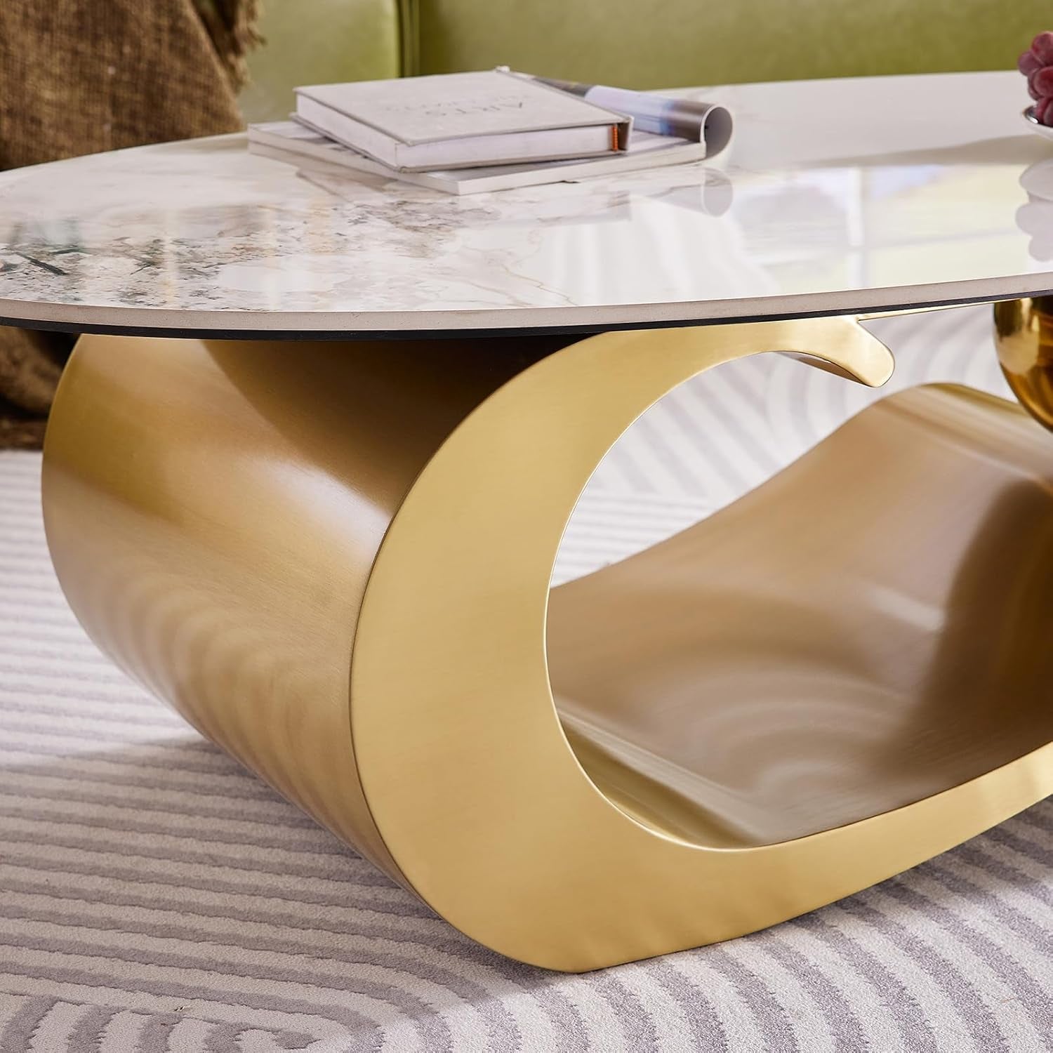 Elegant 49.2-Inch Oval Faux Marble Coffee Table with Gold Metal Base - Luxury Living Room Furniture, Scratch-Resistant & Easy to Assemble