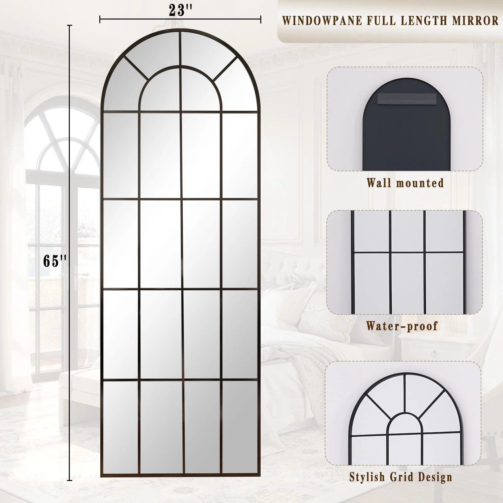 Stunning 65"x23" Arched Black Windowpane Full-Length Wall Mirror for Elegant Decor