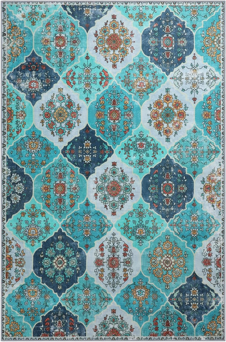 Large Washable Bohemian Area Rug - Moroccan Trellis Design, Soft Non-Slip Carpet for Living Room, Dining Room, Home Office, and Farmhouse Decor in Teal Blue