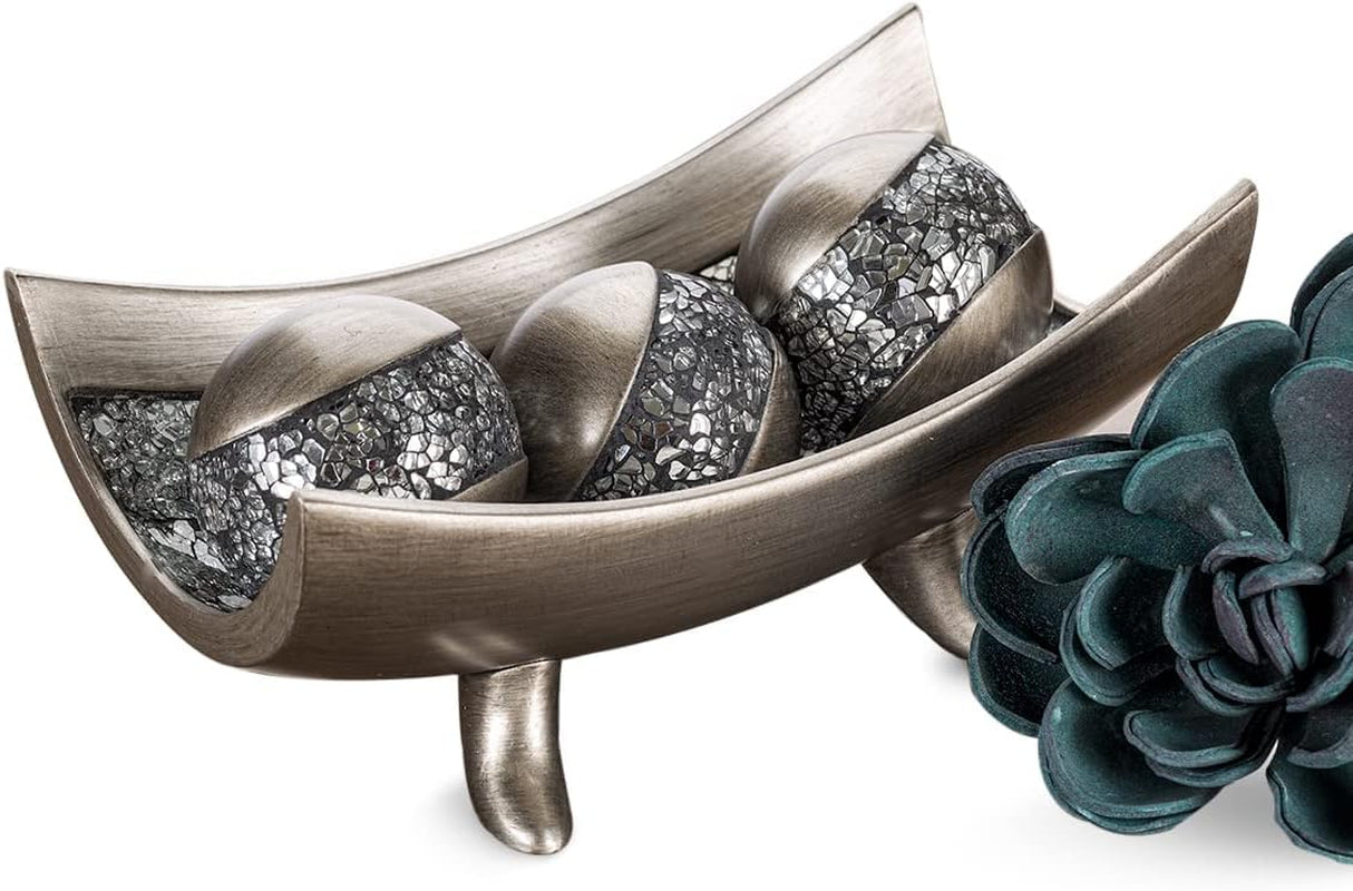 Schonwerk Silver Decorative Centerpiece Bowl with Three Matching Orbs - Elegant Coffee Table Décor with Resin Spheres for Living and Dining Rooms