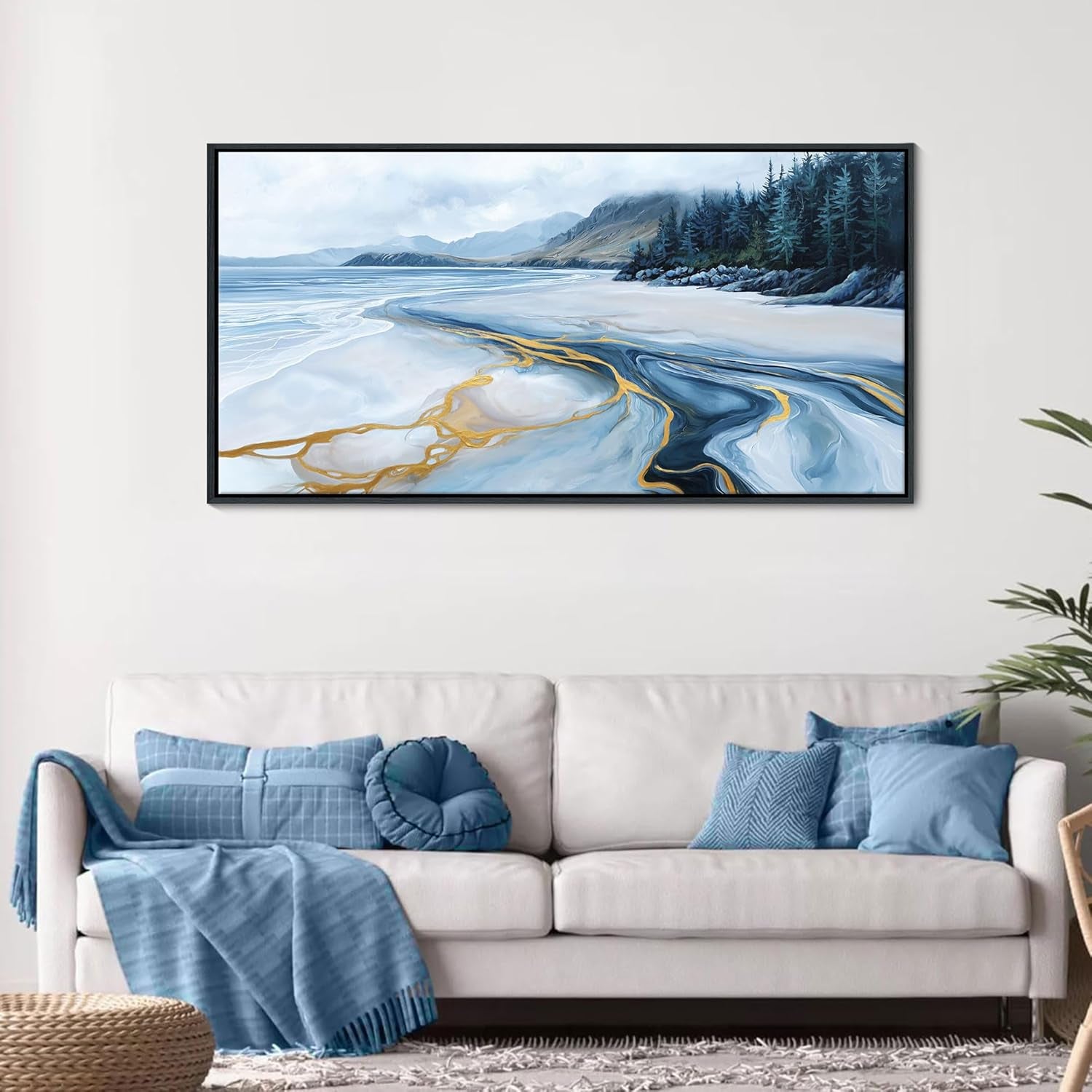 Stunning Blue and Gold Abstract Wall Art - Ocean-Inspired Coastal Decor for Living Room & Bedroom, Framed Landscape Artwork 24×48 IN