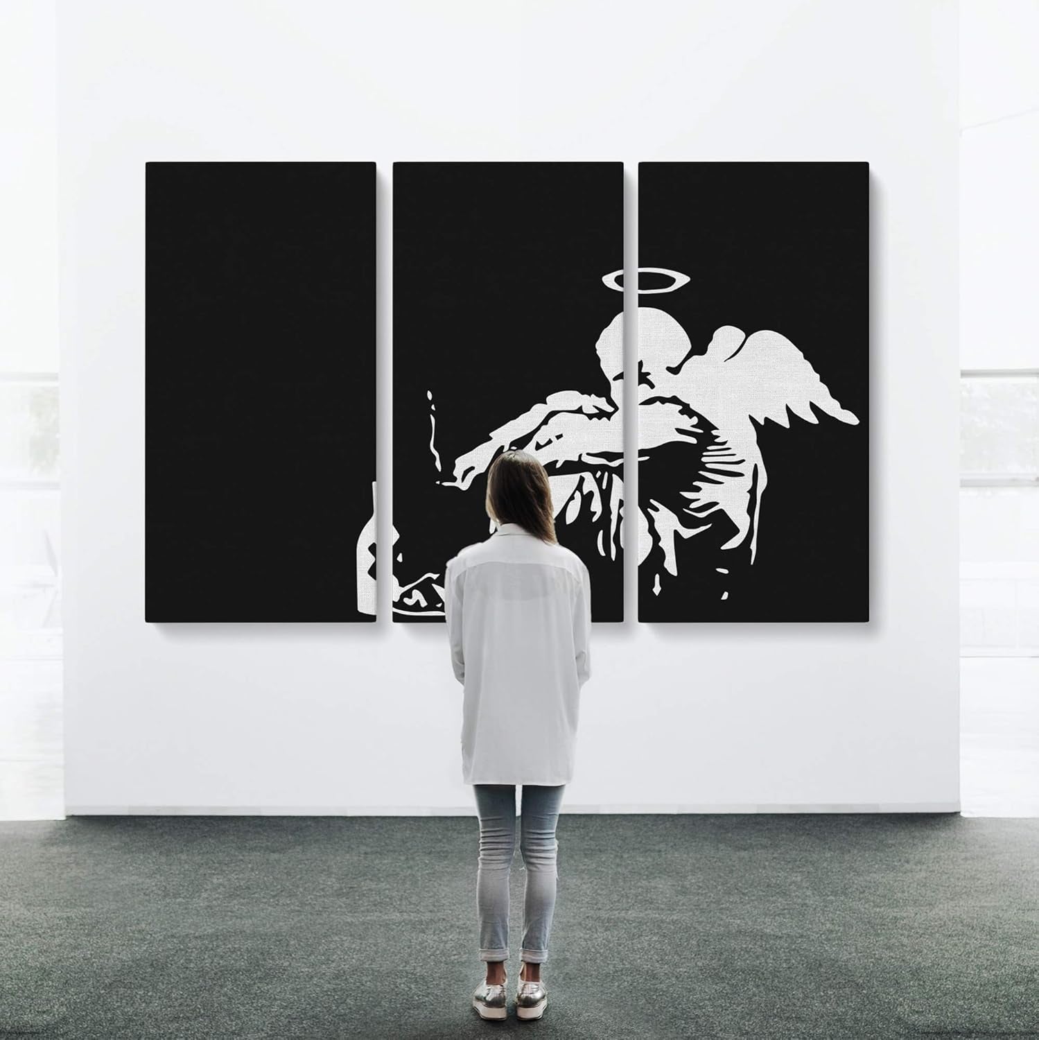 Banksy "Fallen Angel" Graffiti Canvas Art - Modern Black Framed Wall Decor in Various Sizes (45" x 30")