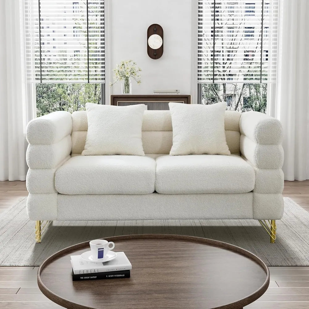 Modern Overstuffed Cloud Couch Loveseat Sofa with Pillows - Comfy 59" Deep Seat Boucle Sherpa Design for Your Living Room