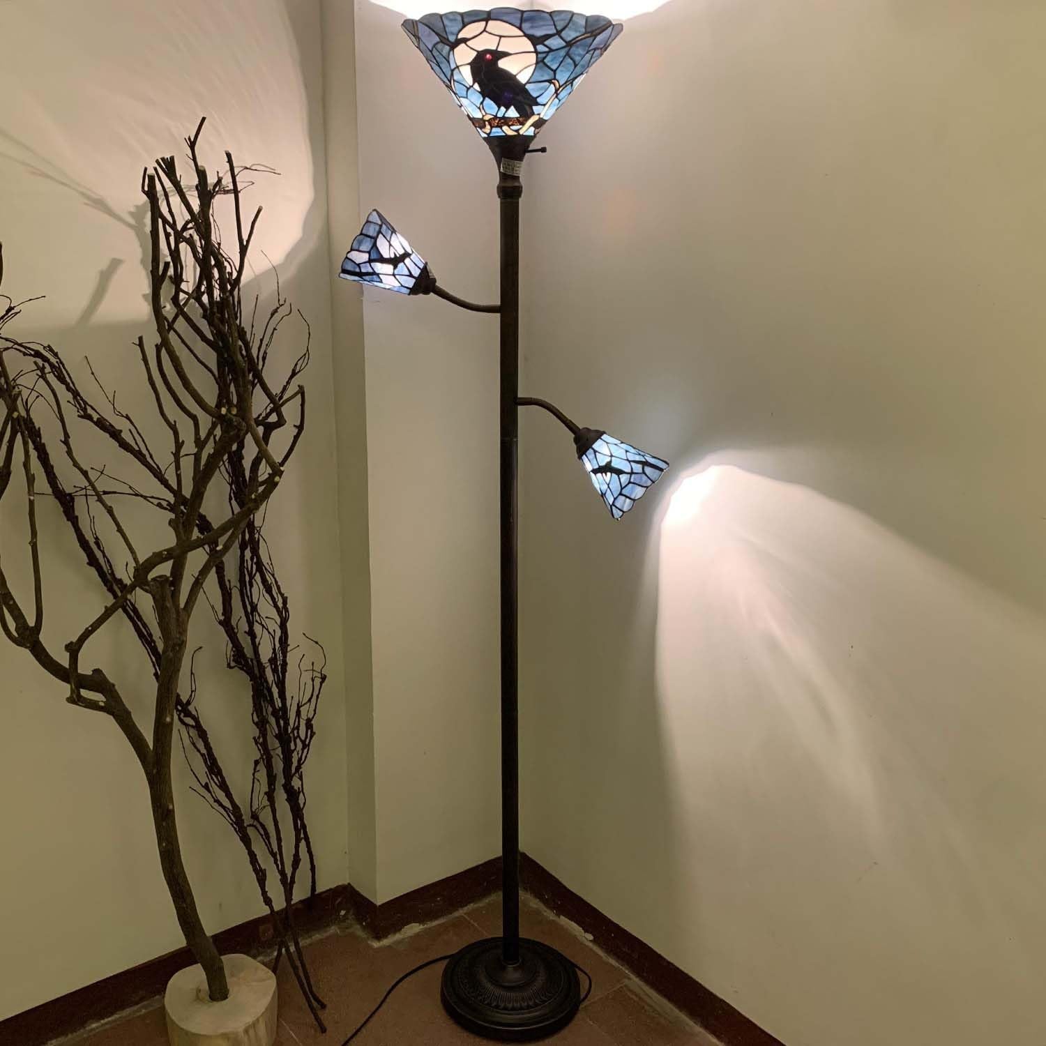 Raven Moonlit Tiffany Style Stained Glass Torchiere Floor Lamp - 70-Inch Dark Blue Reading Light with Sidelights