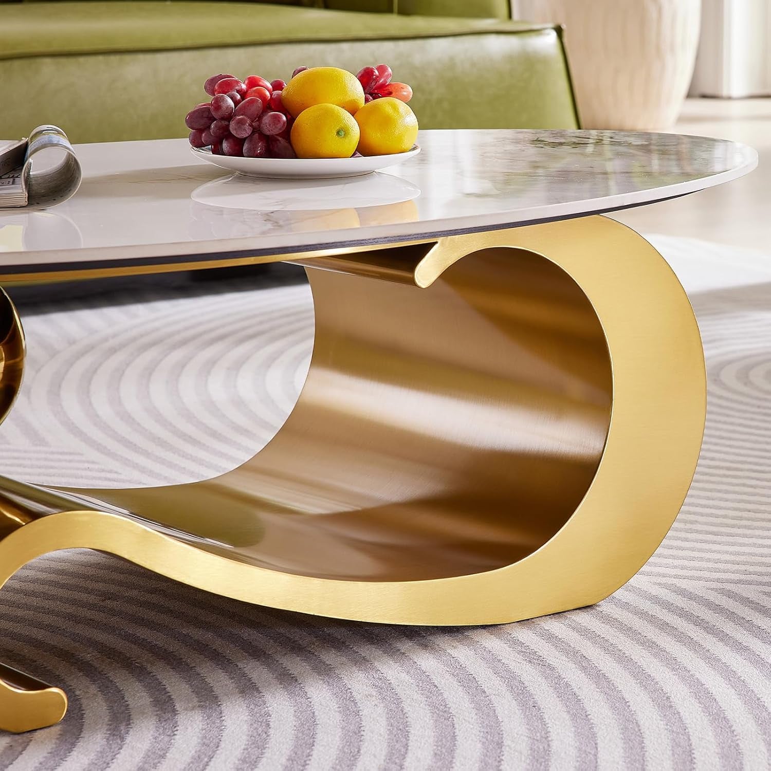 Elegant 49.2-Inch Oval Faux Marble Coffee Table with Gold Metal Base - Luxury Living Room Furniture, Scratch-Resistant & Easy to Assemble
