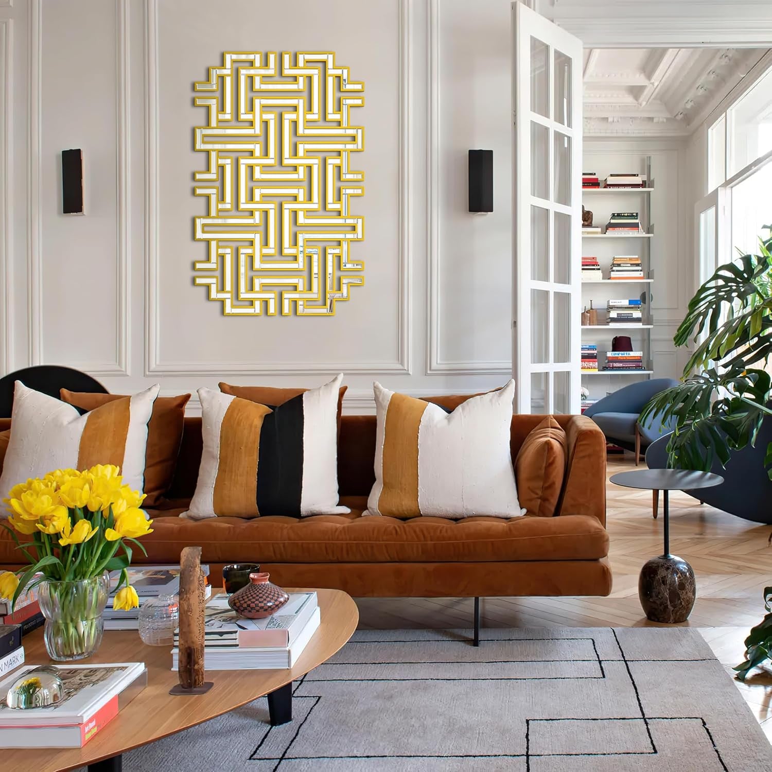 Stunning 46.5"X30" Large Gold Geometric Maze Wall Mirror - Perfect Decorative Accent for Living Room, Entryway, and Hallway