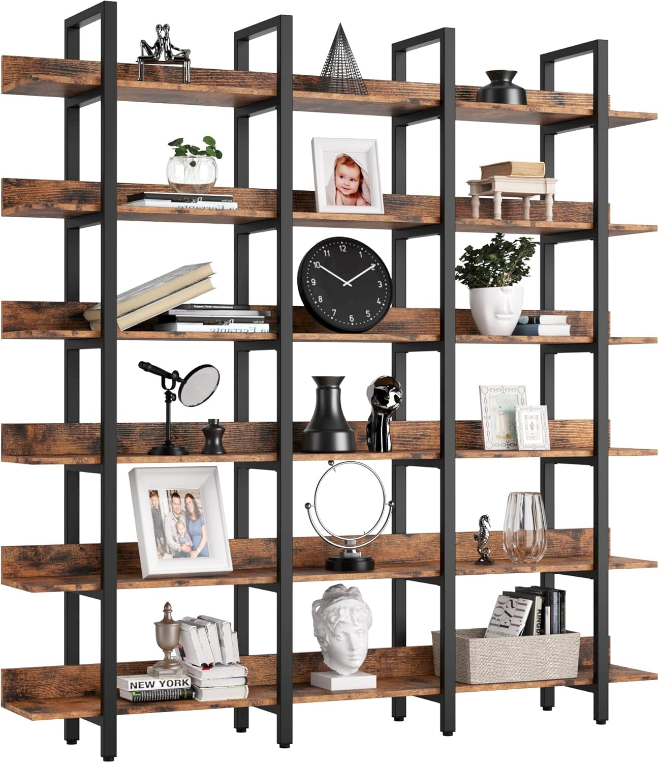 Triple Wide Bookcase with 6 Tiers, Open Shelves Etagere with Back Fence for Home Office Décor, Vintage Brown Finish, Easy Assembly