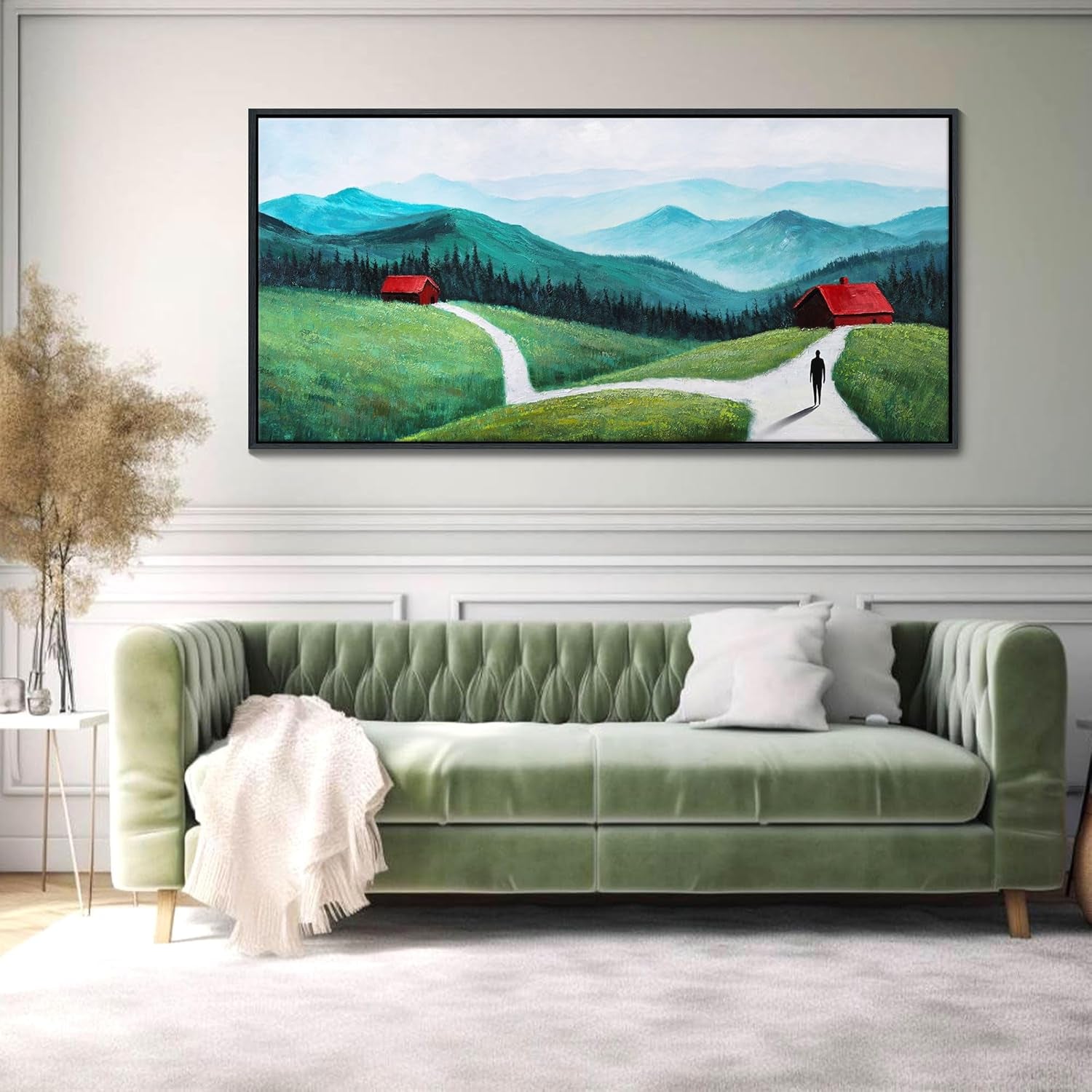 Stunning Green Abstract Landscape Canvas Art - Modern Mountain Forest Wall Decor for Living Room & Bedroom, 24"x48