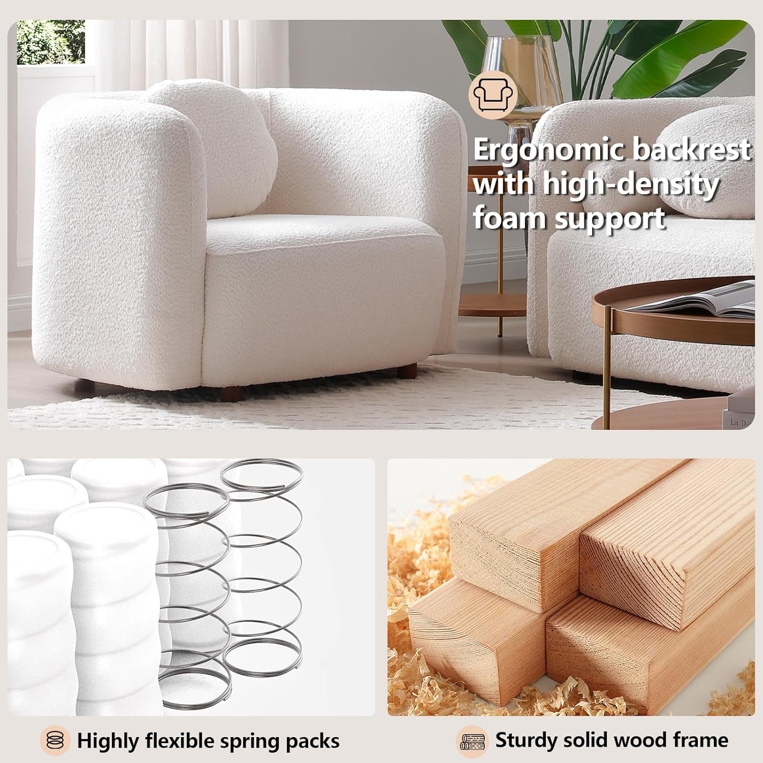 Modern White Curved Back Sofa Set - 3 Seater Couch + 2 Single Chairs with Boucle Fabric and Solid Wood Frame, Includes 6 Pillows