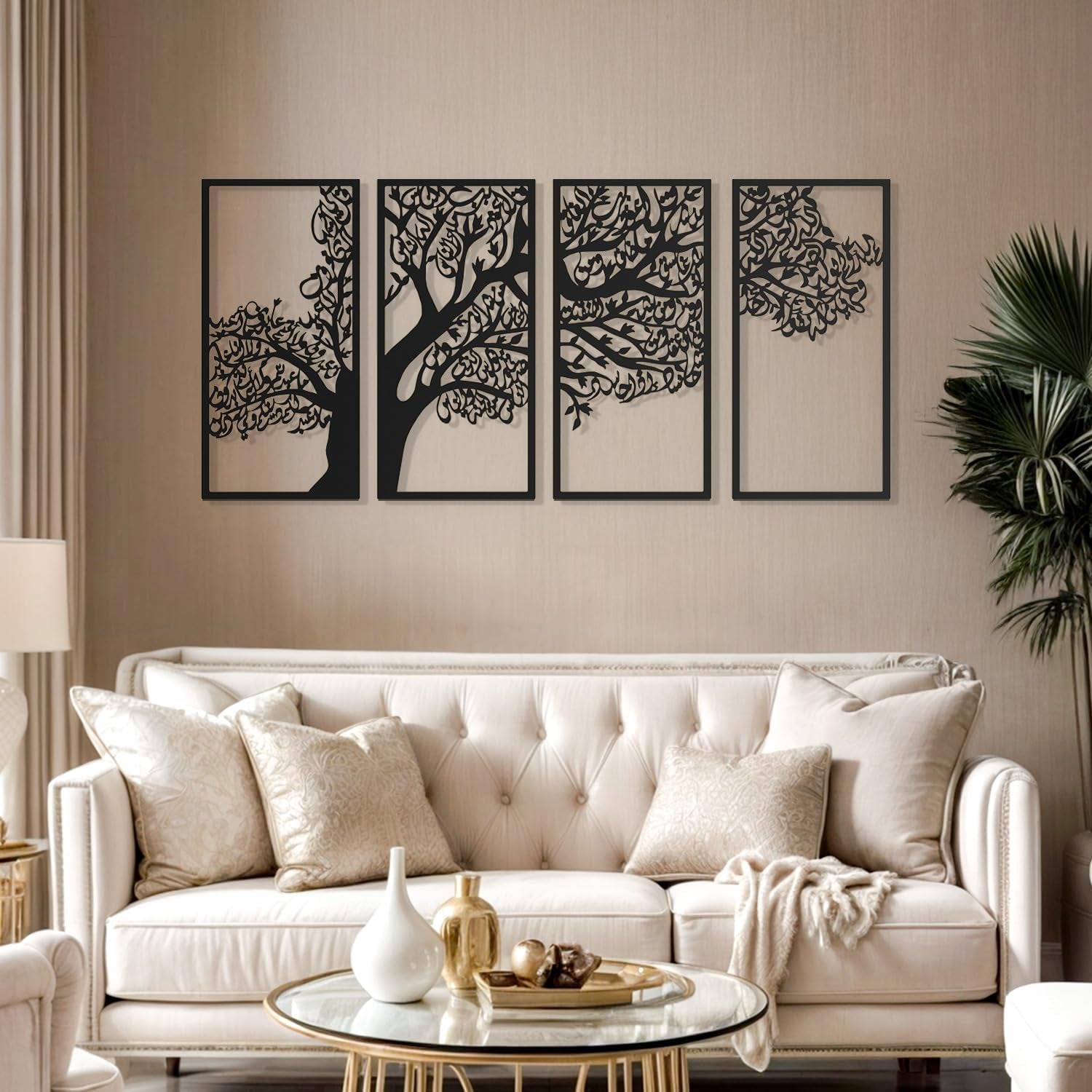 Stunning Large Metal Tree of Surahs Wall Art Set - 4 Quls (Surah Al Ikhlas, Al Falaq, Al Nas, Al Kafirun) - Exquisite Arabic Calligraphy for Muslim Home Decor & Thoughtful Islamic Gifts - Total Size: 78.7 X 38.5 Inches