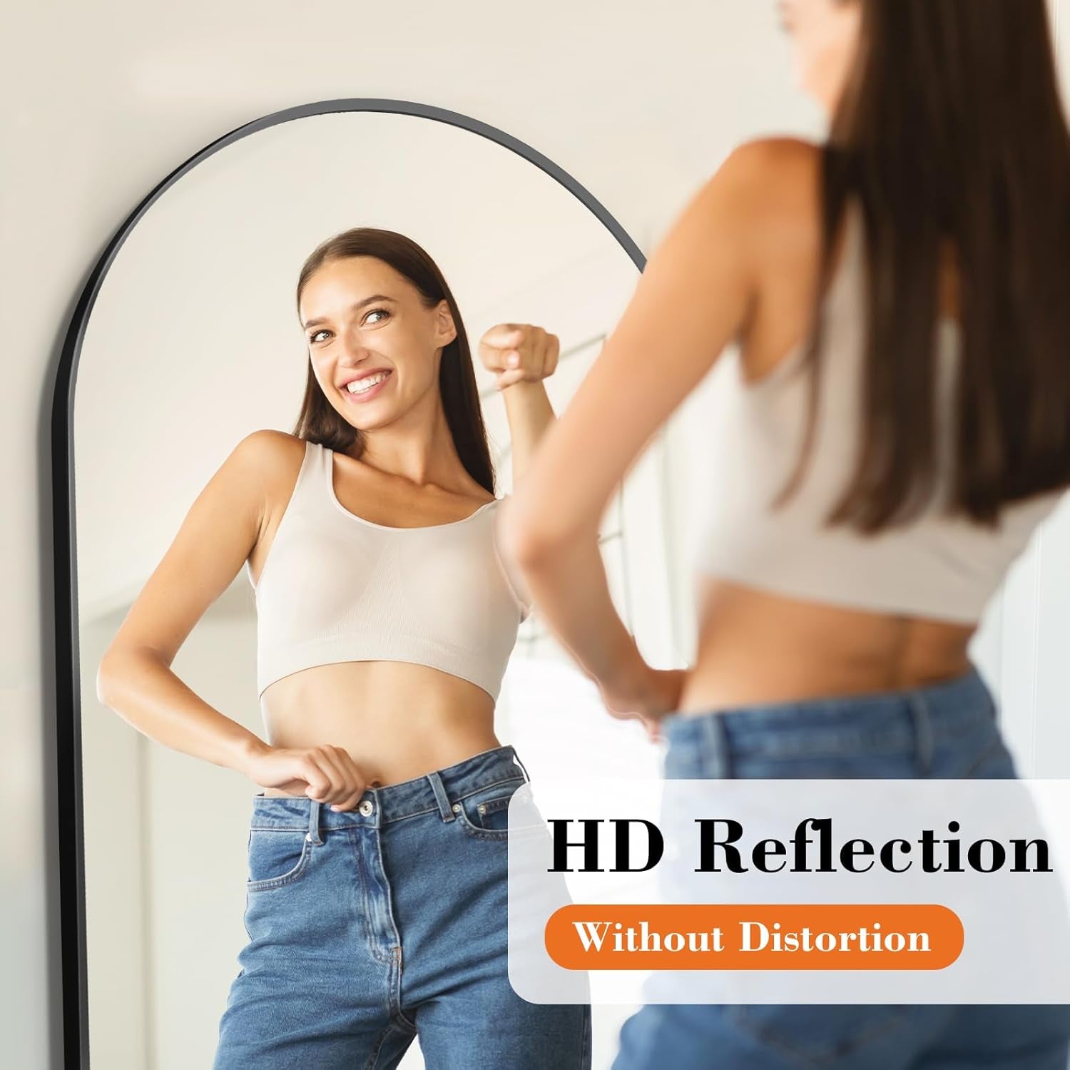 Sleek 64" Arched Full-Length Mirror with Stand - Modern Aluminum Frame, Shatterproof Nano Glass, Perfect for Bedroom & Living Room Decor - Elegant Black Finish