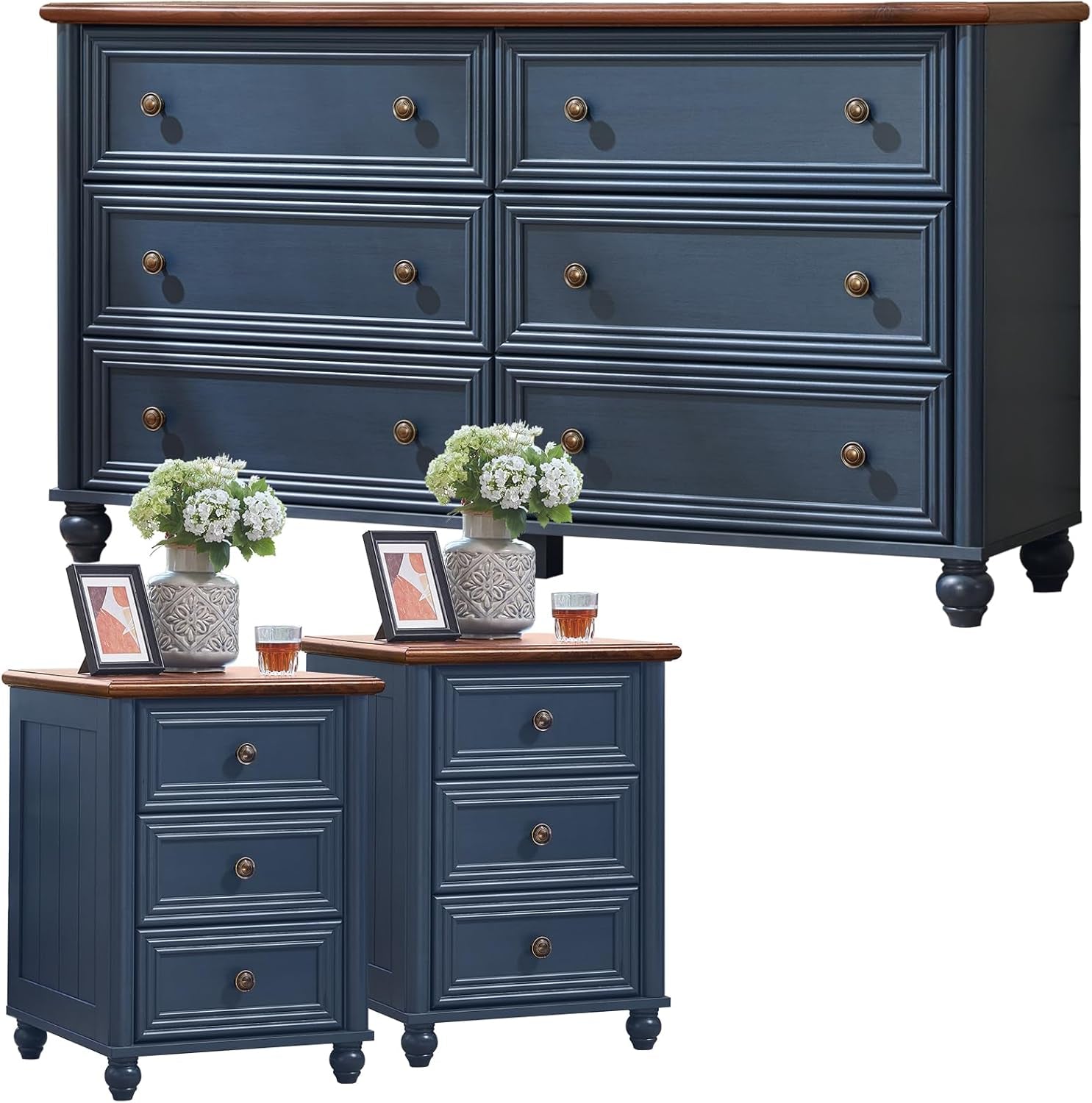 Elegant Farmhouse Dresser and Nightstand Set - 3-Piece Wooden Bedroom Furniture Suite with Roman Column Design, Perfect for Living Room and Hallway