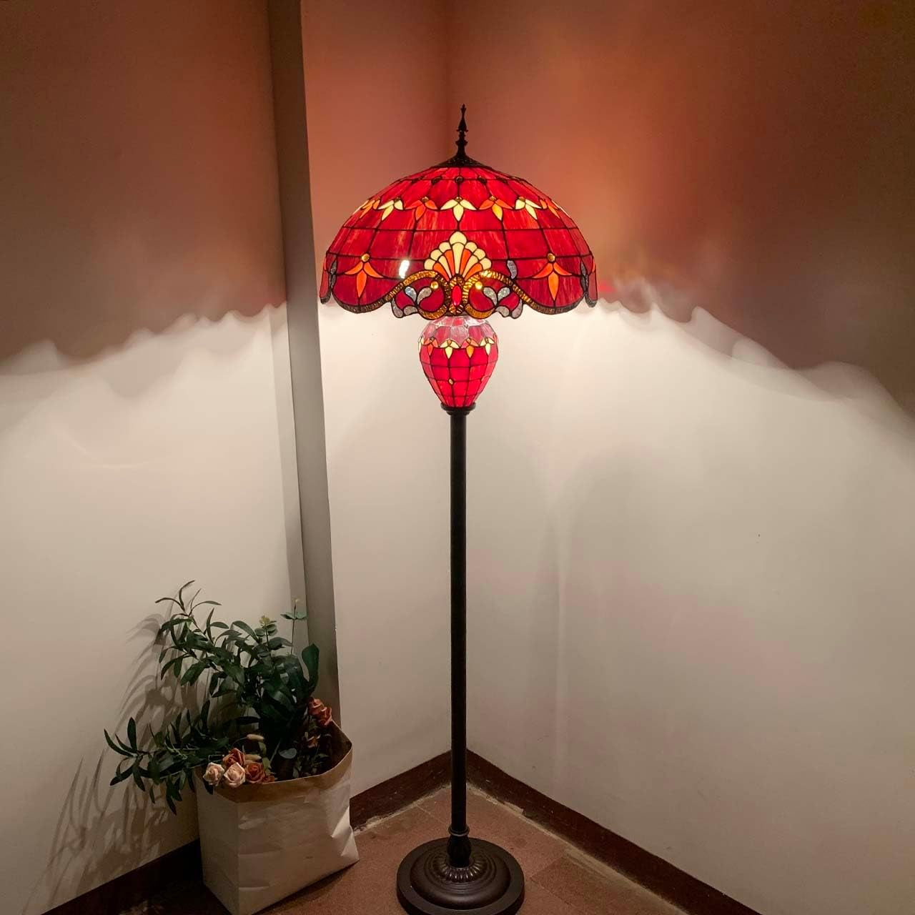 Stunning 64-Inch Baroque Tiffany Style Stained Glass Double Lit Floor Lamp - Elegant Home Decor in Red