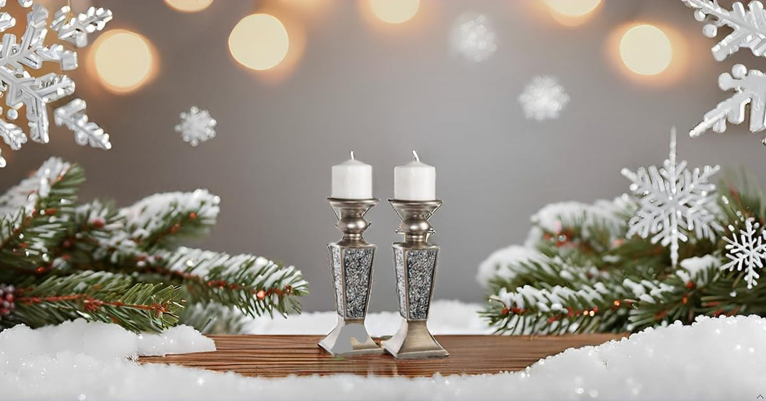 Schonwerk Silver Pillar Candle Holder Set of 2 - Crackled Mosaic Design - Elegant Centerpiece for Living and Dining Rooms - Ideal Coffee Table Decoration and Gift