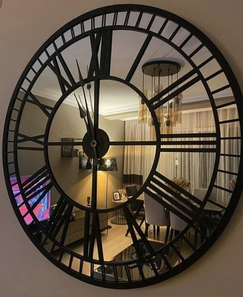 Stylish Black Large Mirror Wall Clock - Modern Silent Non-Ticking Design, 35.5 Inches, Battery Operated Home Decor, Weighs 31 lbs