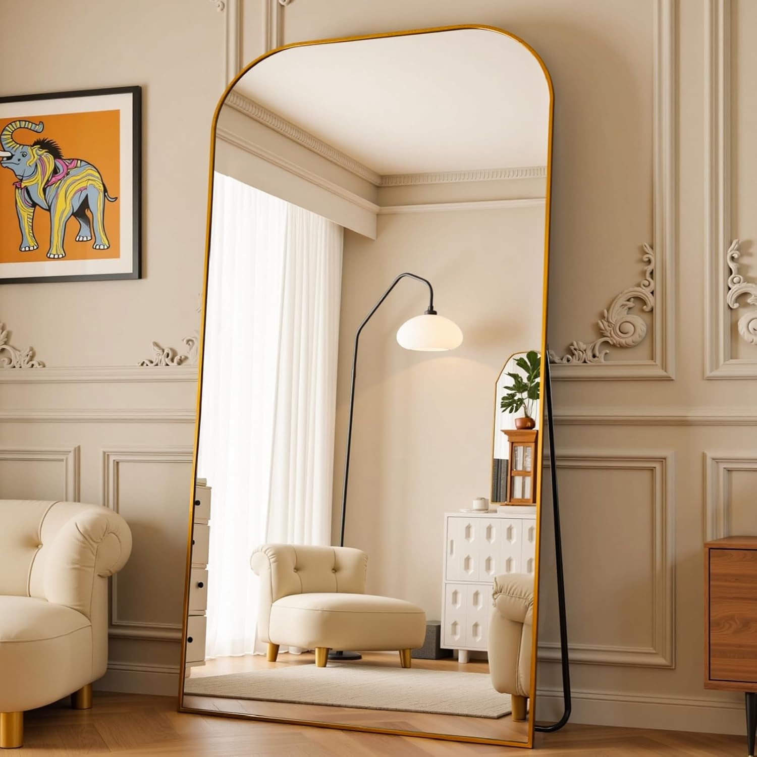 Elegant Gold Arched Full Length Floor Mirror - 81"x41" Freestanding & Leaning Design for Bedroom & Living Room Decor