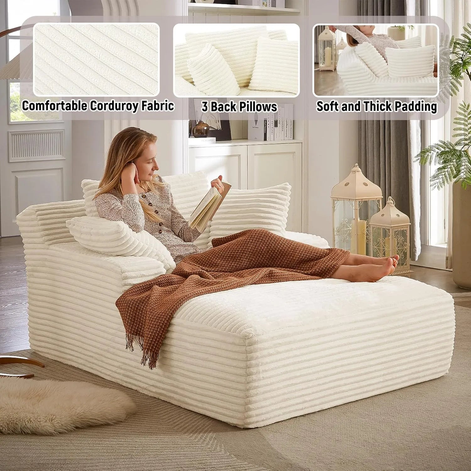 Luxurious Oversized Corduroy Chaise Lounge Chair with 3 Plush Pillows - Comfy Sleeper Sofa & Recliner for Ultimate Relaxation