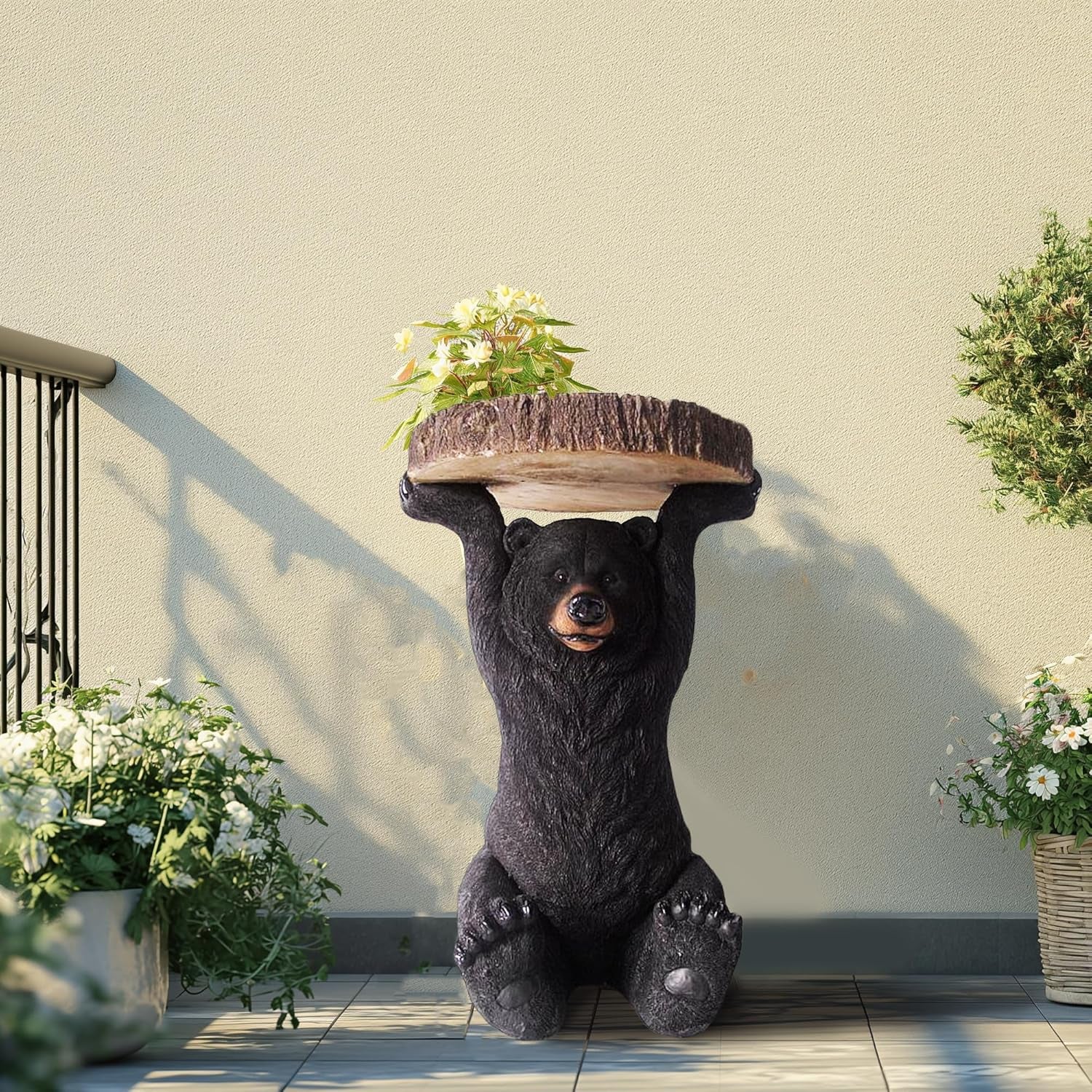 American Black Bear Decorative Side Table - Hand-Painted Resin Pedestal Stool for Home and Office Decor