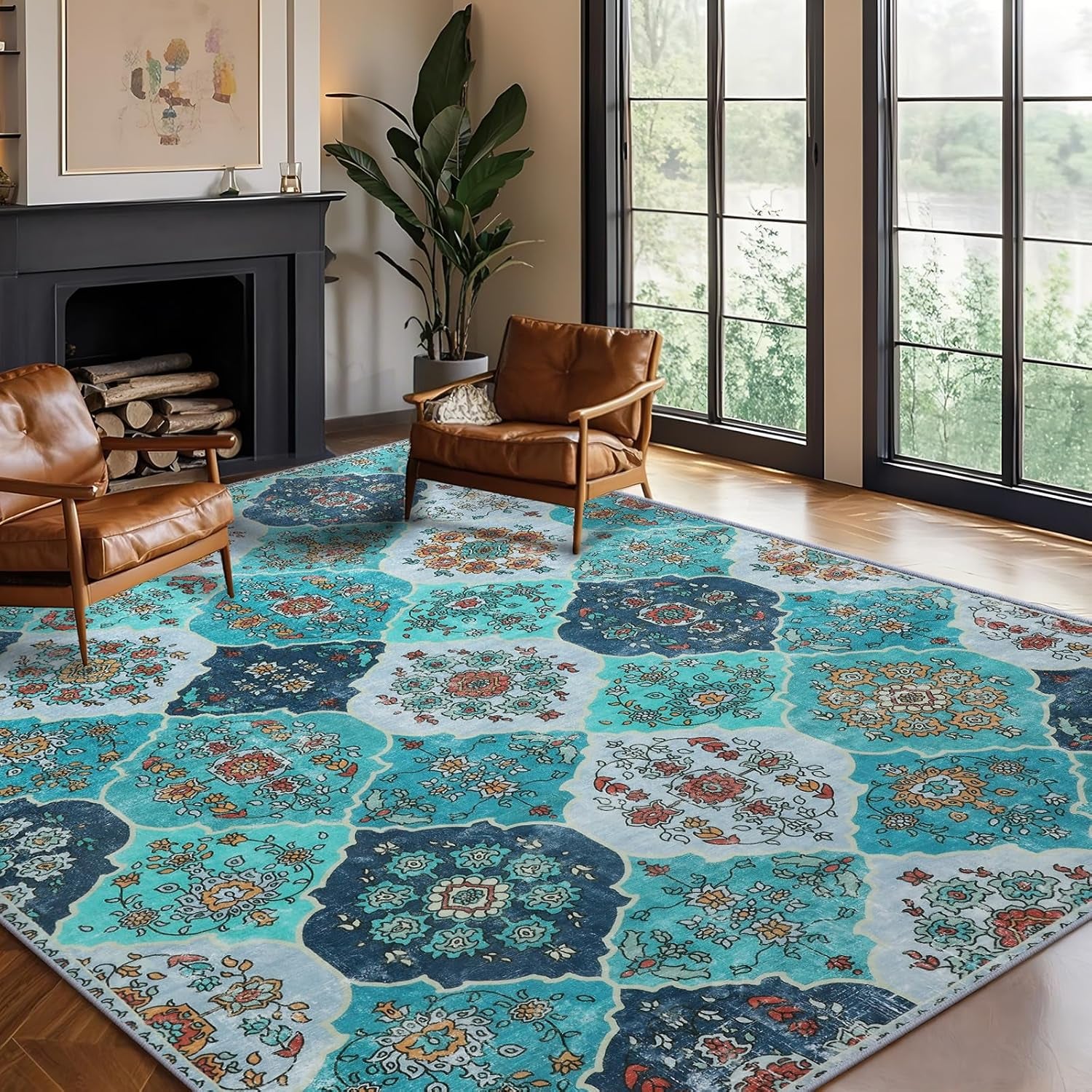 Large Washable Bohemian Area Rug - Moroccan Trellis Design, Soft Non-Slip Carpet for Living Room, Dining Room, Home Office, and Farmhouse Decor in Teal Blue