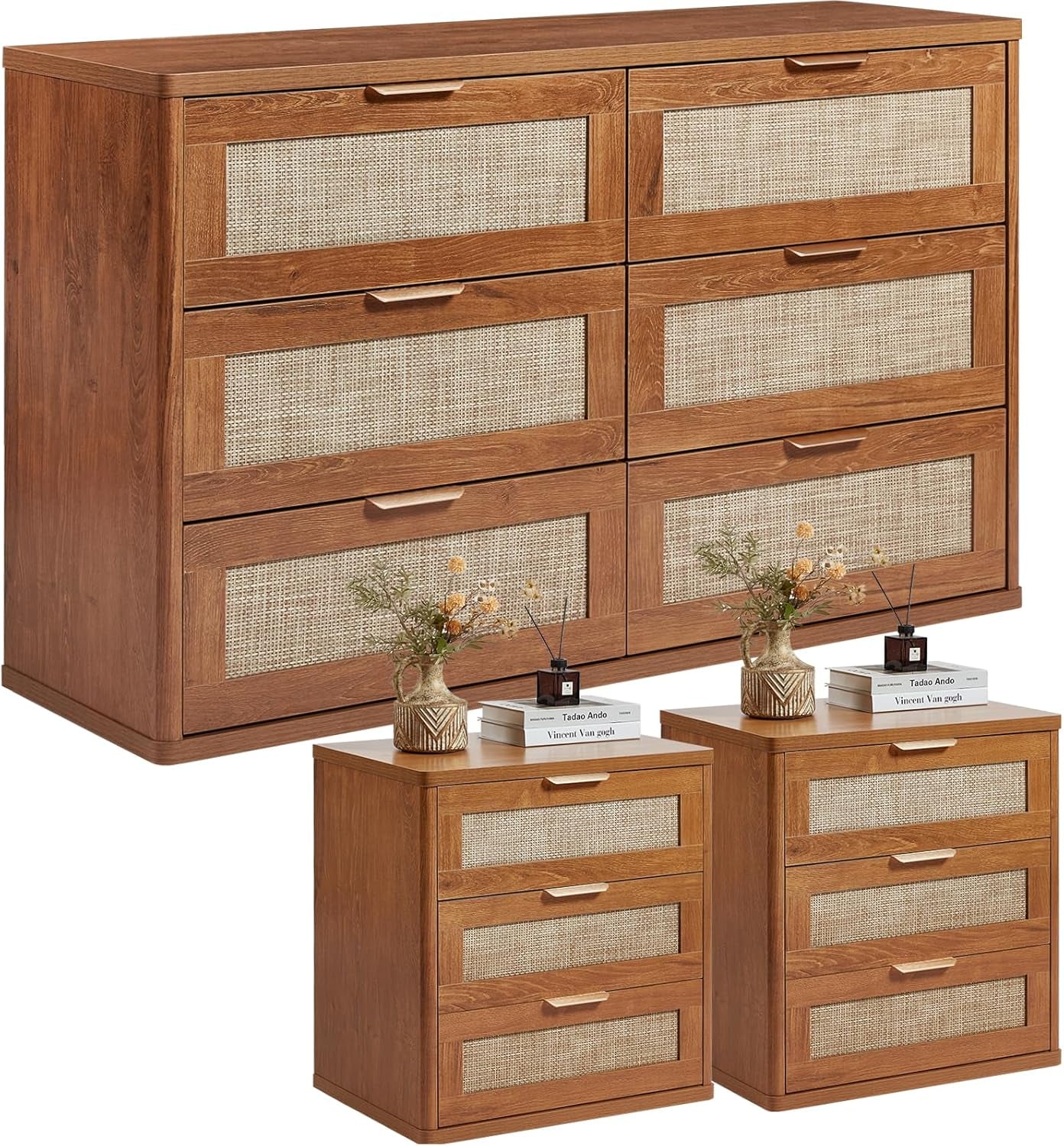 Boho 3-Piece Rattan Dresser and Nightstand Set - Stylish Wood Furniture with 6 Drawers for Bedroom, Living Room, and Hallway